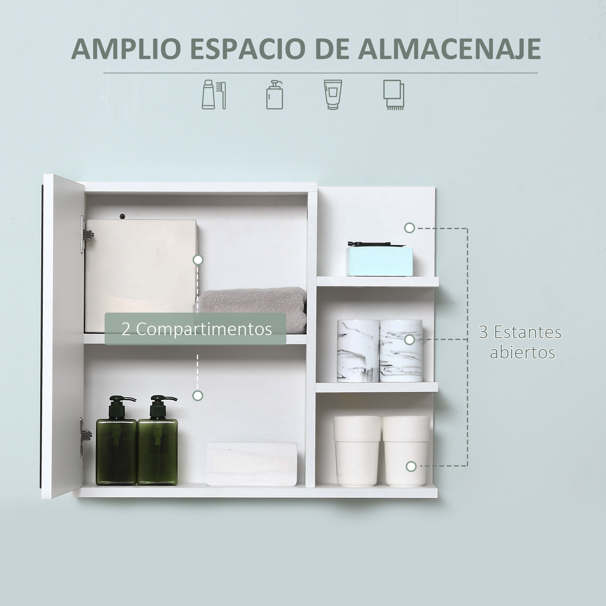 Un armario de baño blanco con dos compartimentos cerrados y tres estantes abiertos con artículos de aseo.