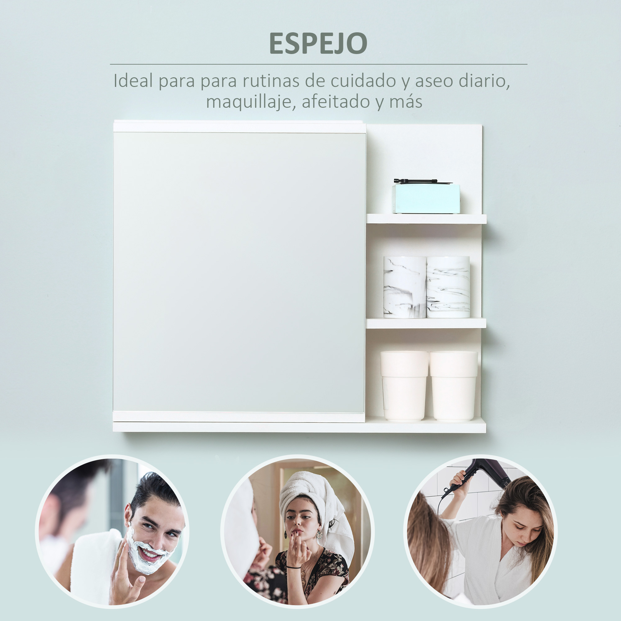 Un espejo de pared blanco con estantes laterales y tres imágenes circulares que muestran rutinas de aseo, maquillaje y secado.