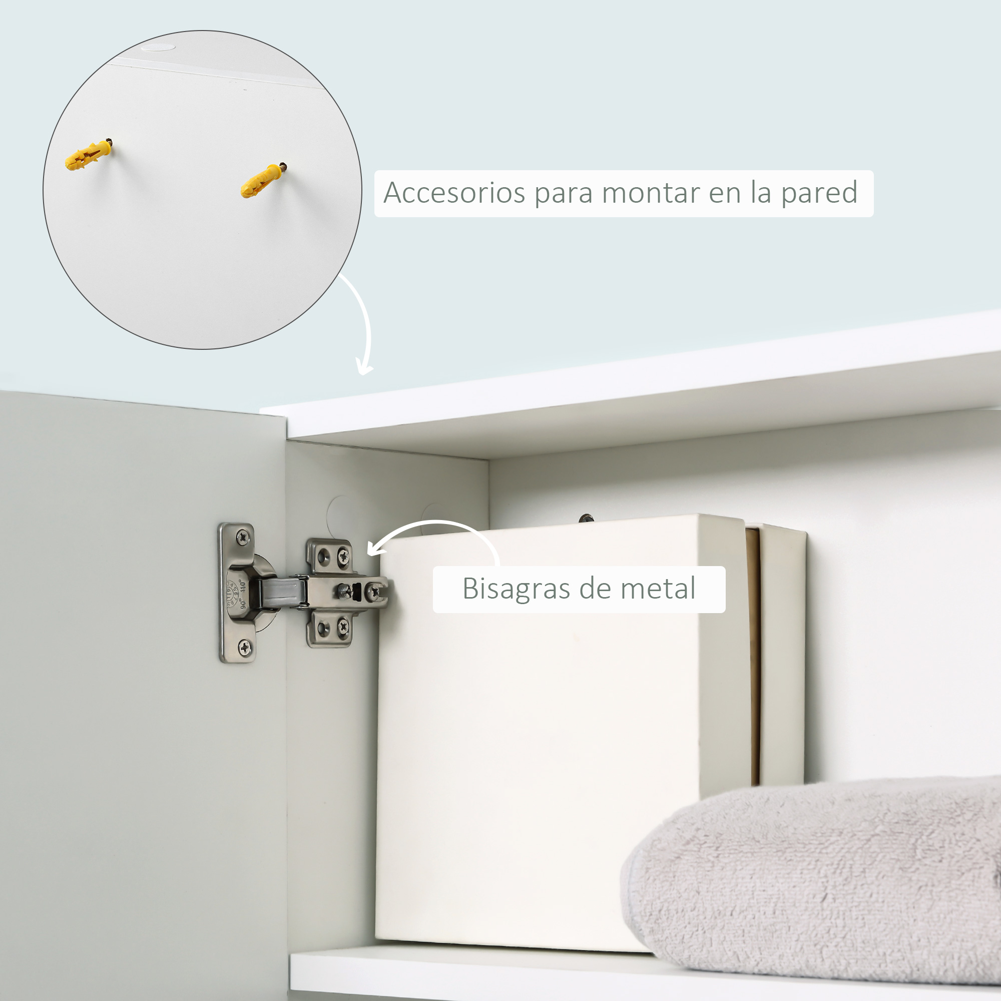 Un armario de pared blanco con bisagras metálicas, accesorios de montaje en pared y una toalla doblada.