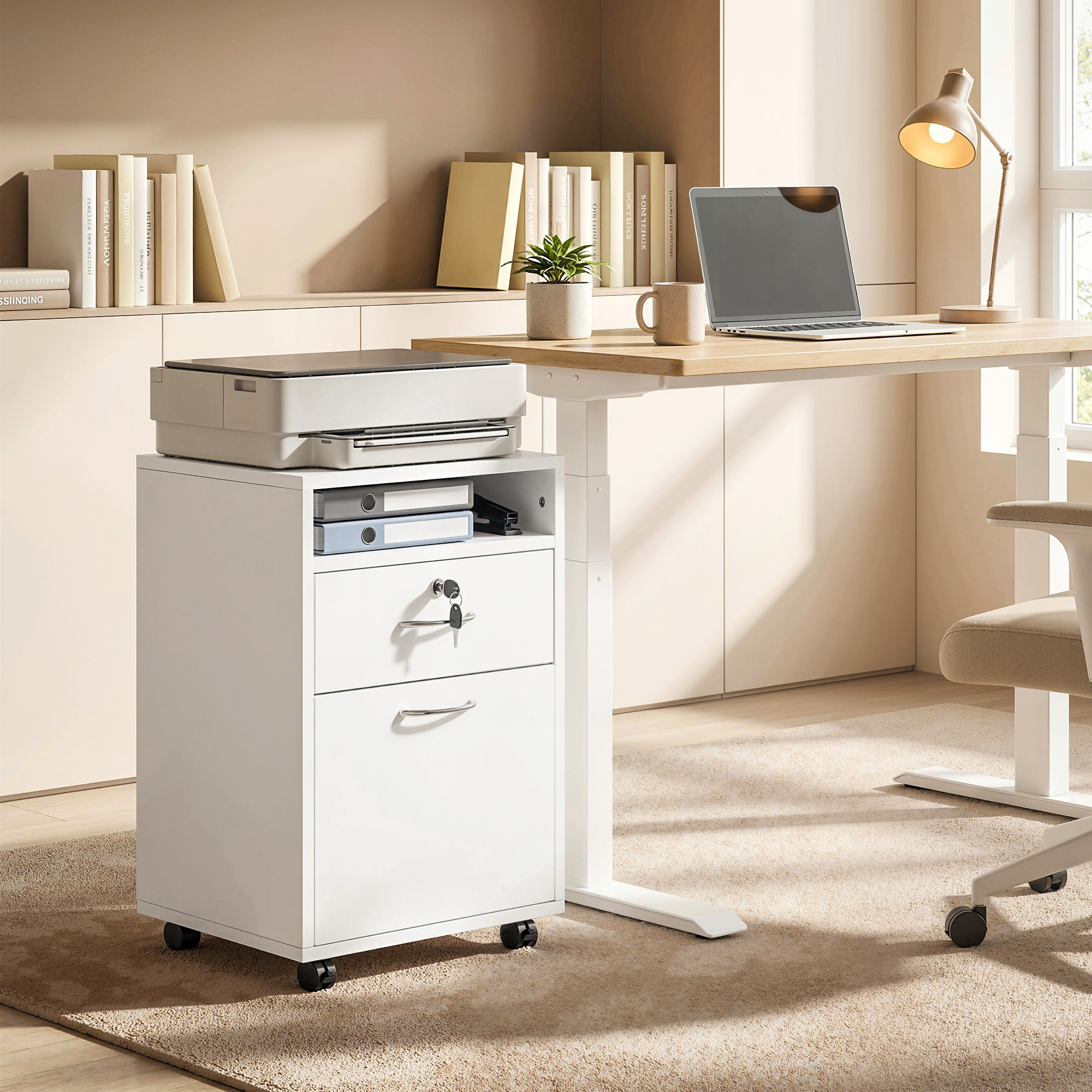 Un espacio de oficina luminoso y minimalista con escritorio, portátil, lámpara y archivador móvil con impresora.