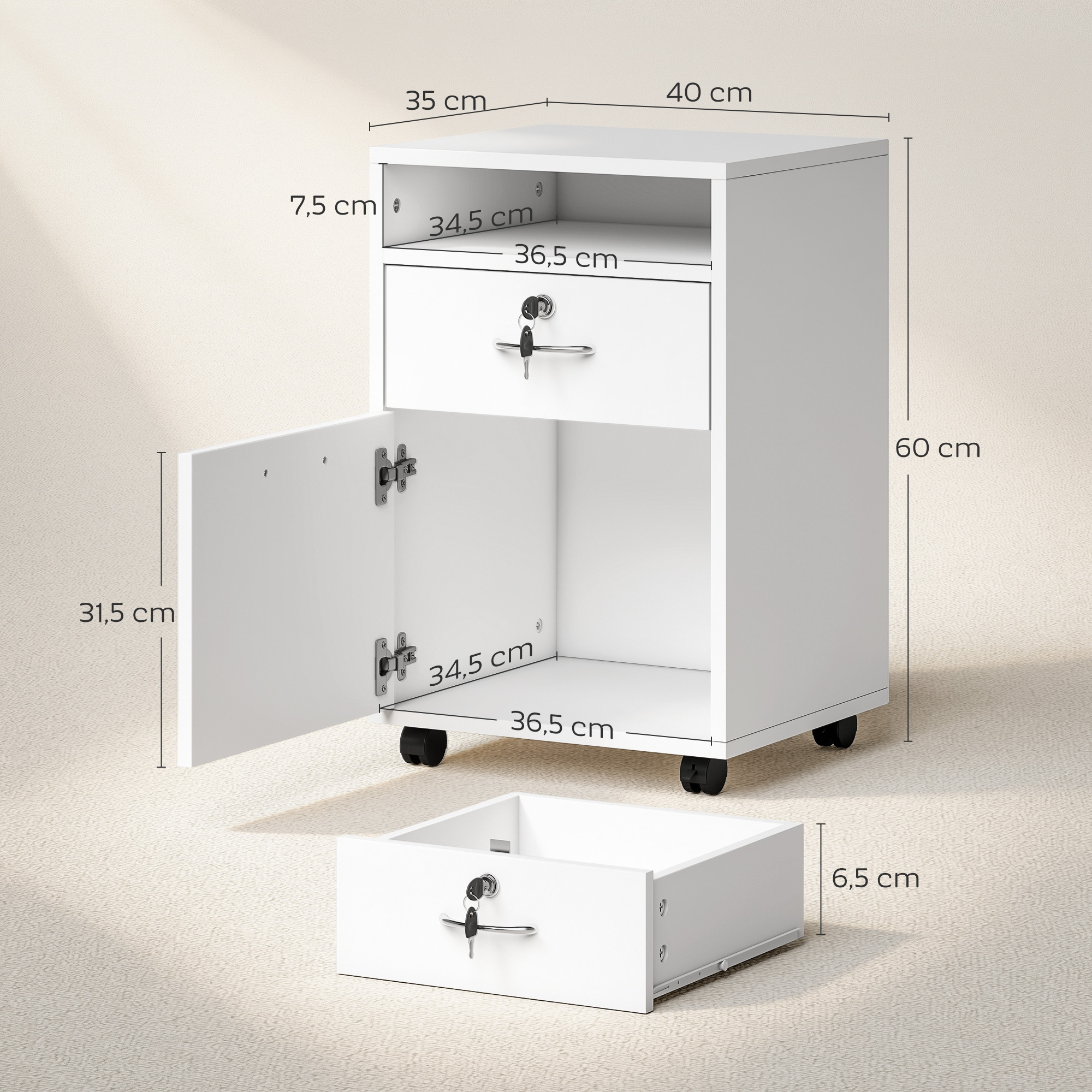 Pedestal móvil blanco con dimensiones, cajón y puerta abierta sobre fondo claro.