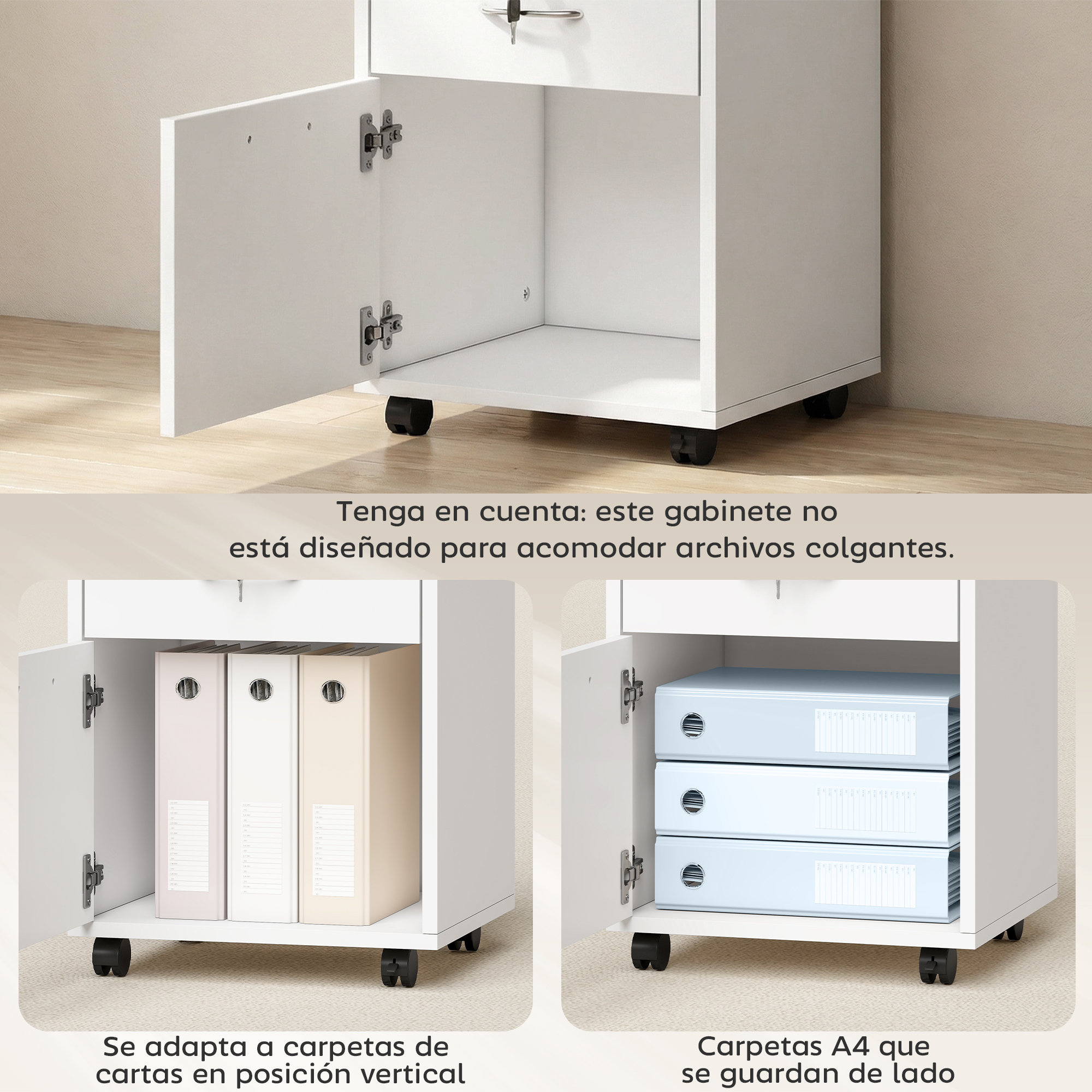 Gabinete blanco con ruedas y compartimento abierto mostrando carpetas A4 verticales o apiladas.