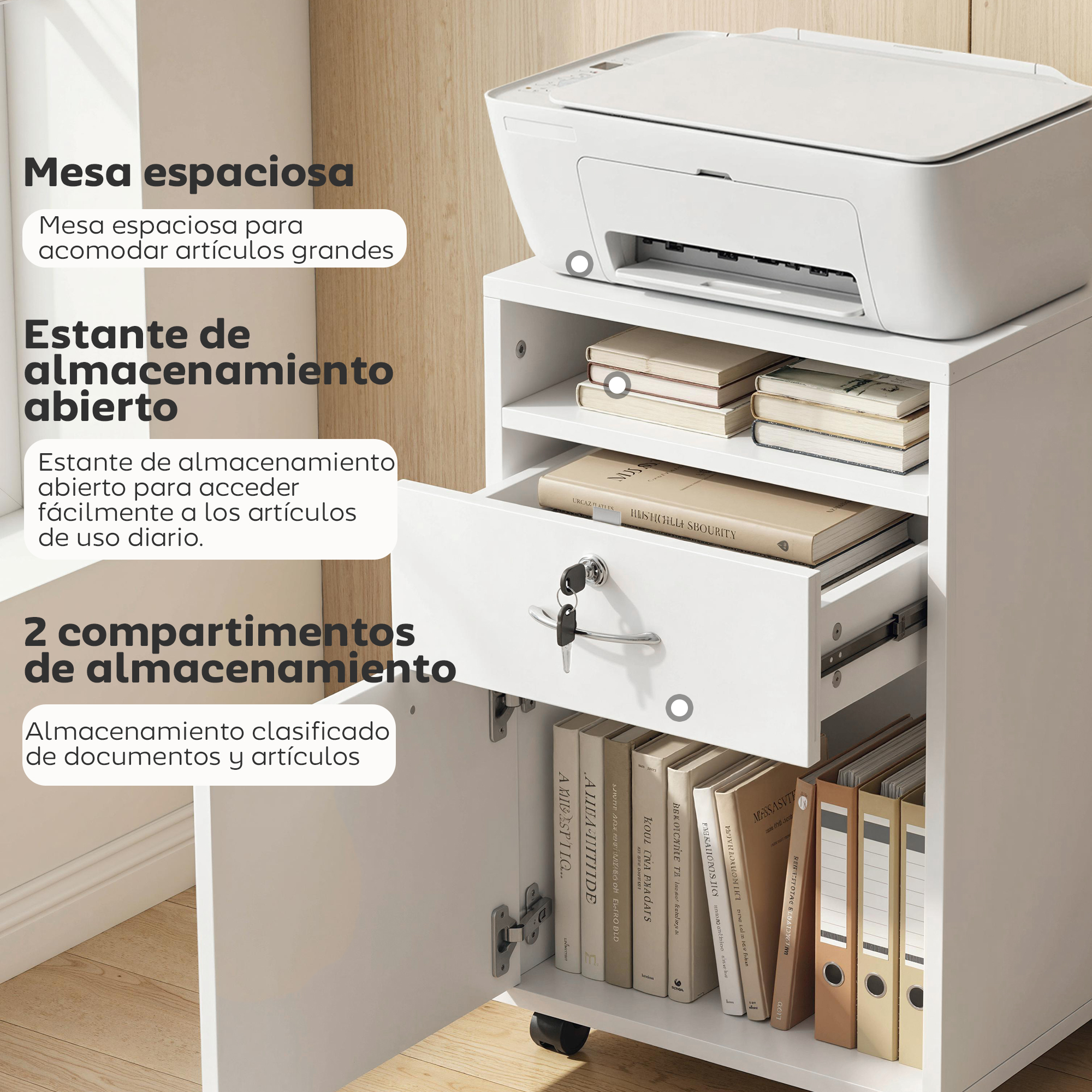 Un mueble blanco con impresora arriba, estantes abiertos llenos de libros, un cajón abierto y un armario.
