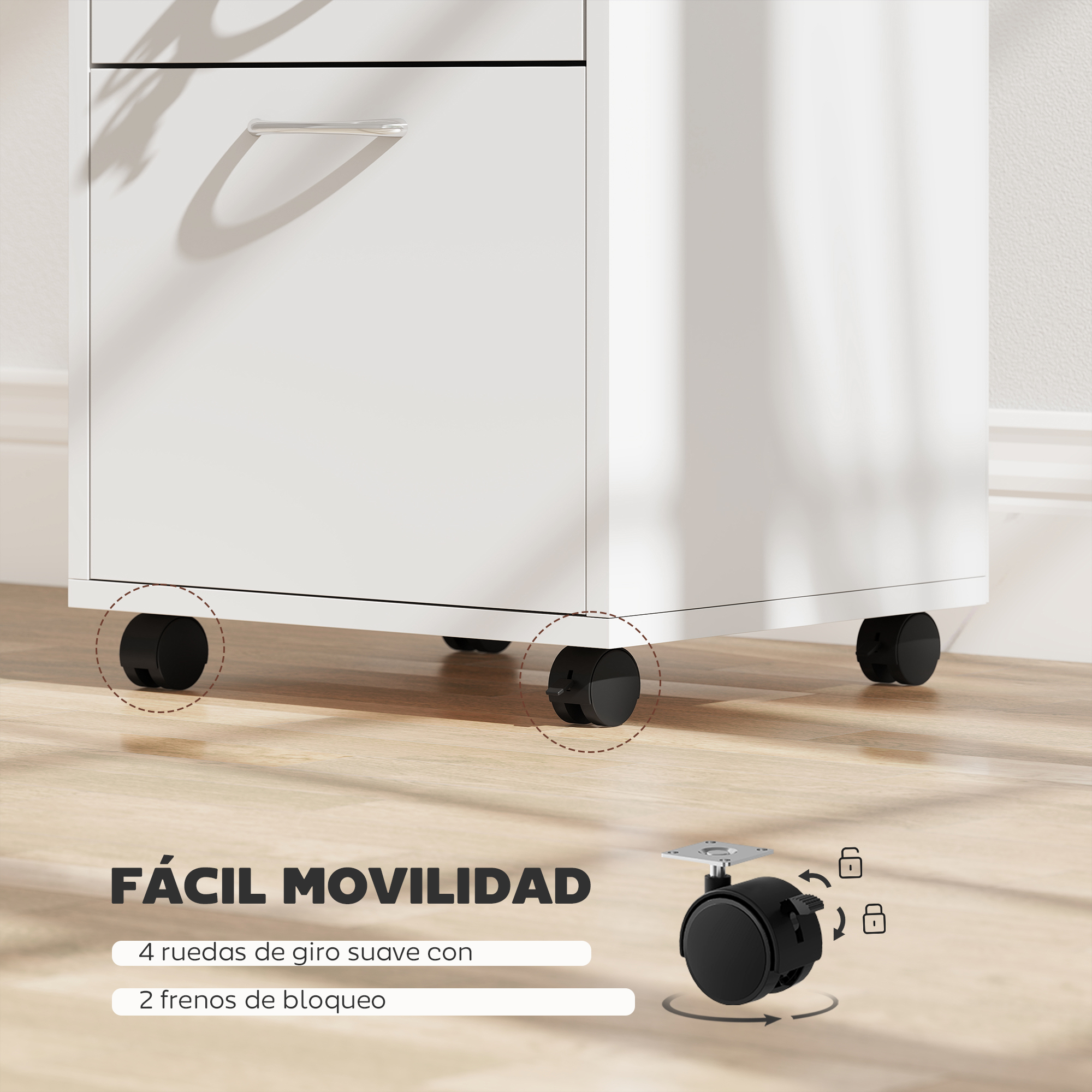 Parte inferior de un archivador blanco con cuatro ruedas negras sobre suelo de madera.
