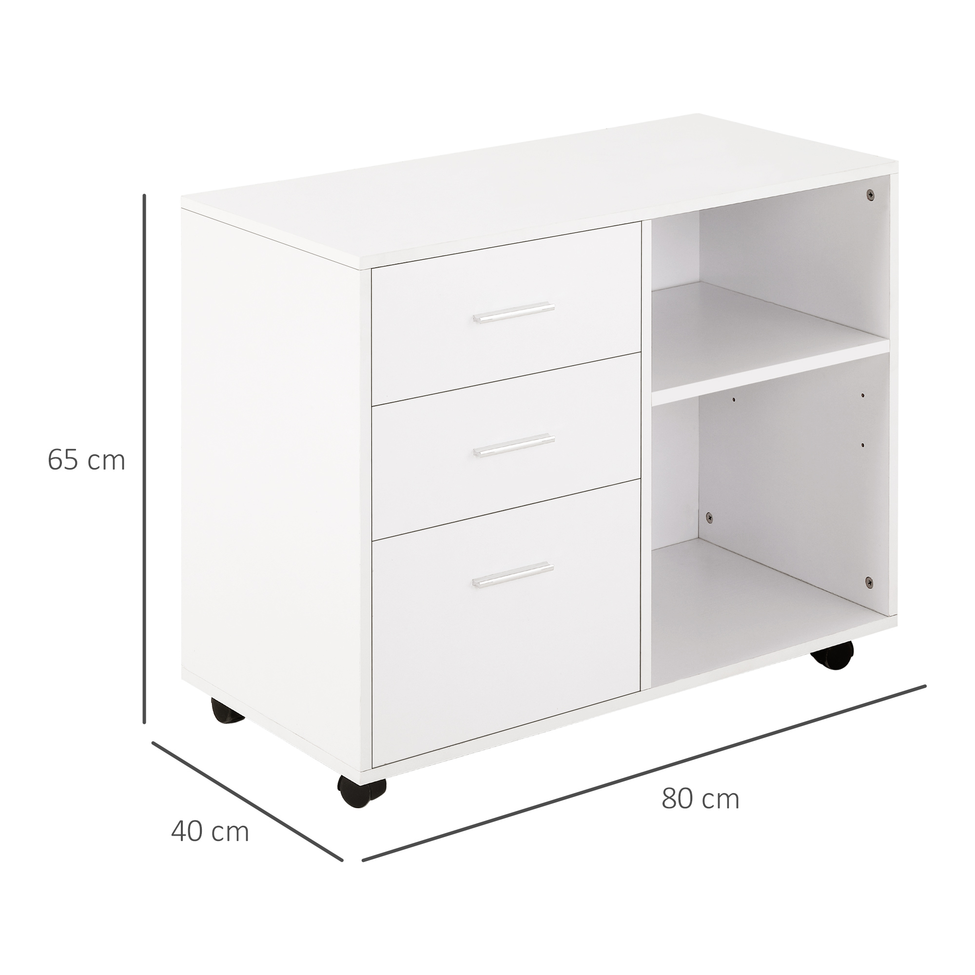 Un gabinete blanco con ruedas, tres cajones y estantes abiertos, dimensiones 80x40x65 cm.