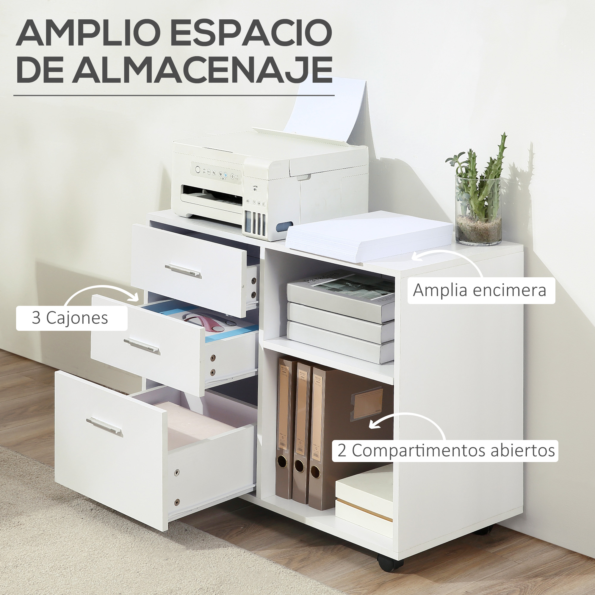 Mueble archivador blanco con tres cajones abiertos y dos compartimentos, impresora encima y anotaciones en español.