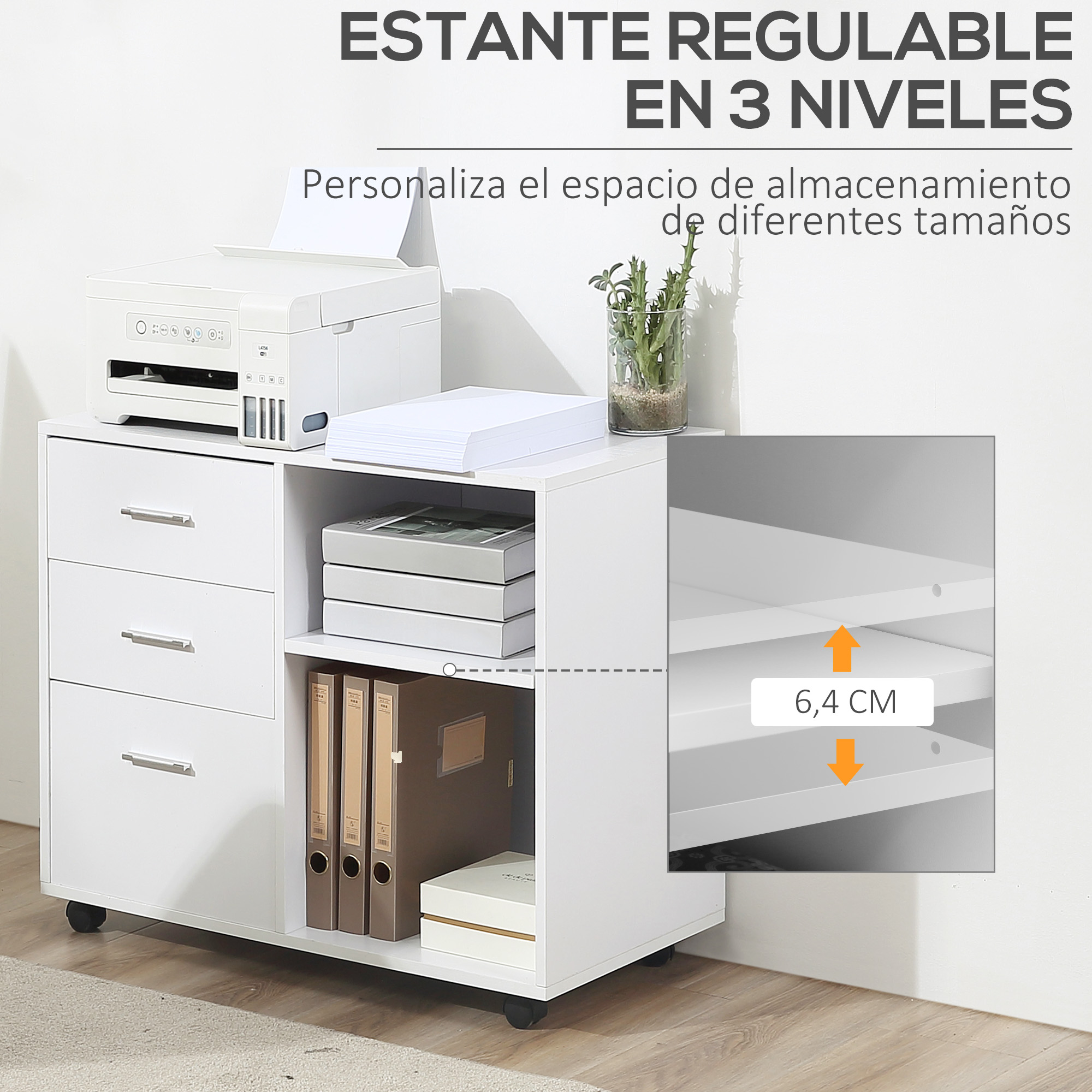 Un armario de oficina blanco con tres cajones, estantes abiertos con carpetas, una impresora y una planta encima.