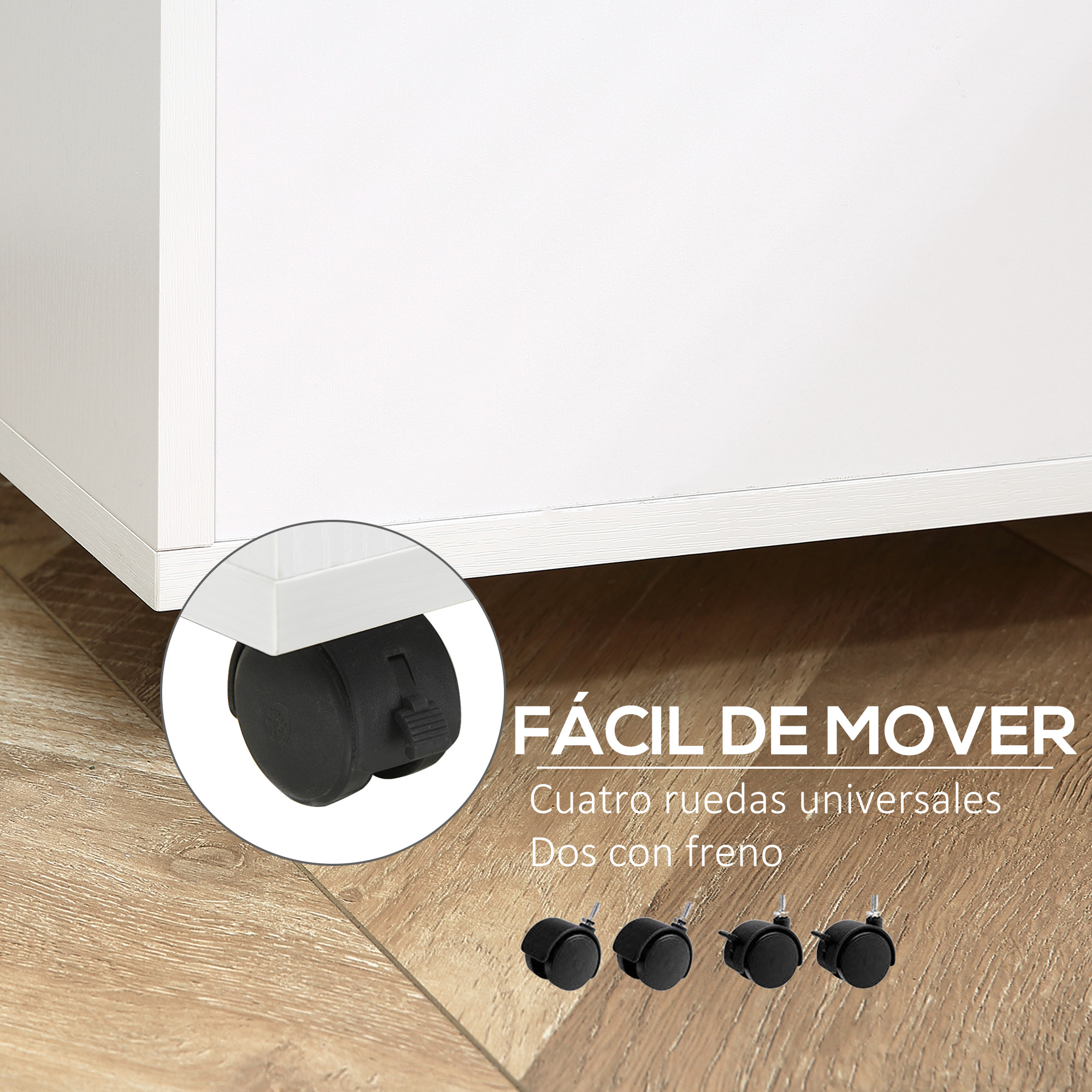 Parte inferior de mueble blanco en suelo de madera, con detalle de ruedas negras y texto en español.