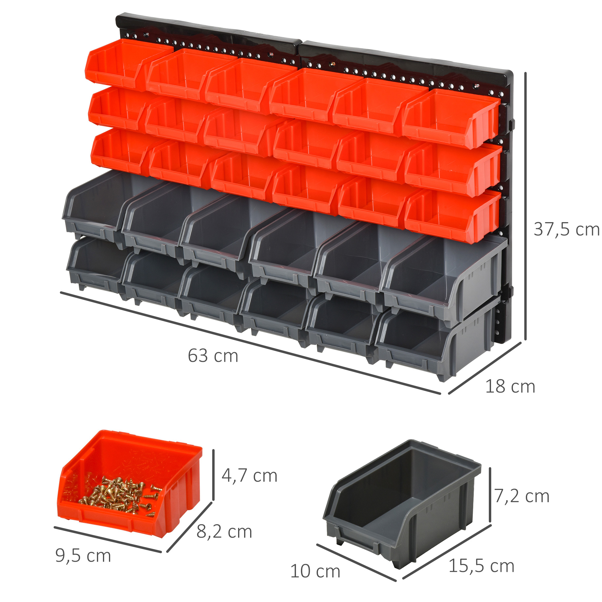 Estantería de almacenamiento mural con cajas de plástico rojas y grises, con dimensiones indicadas.