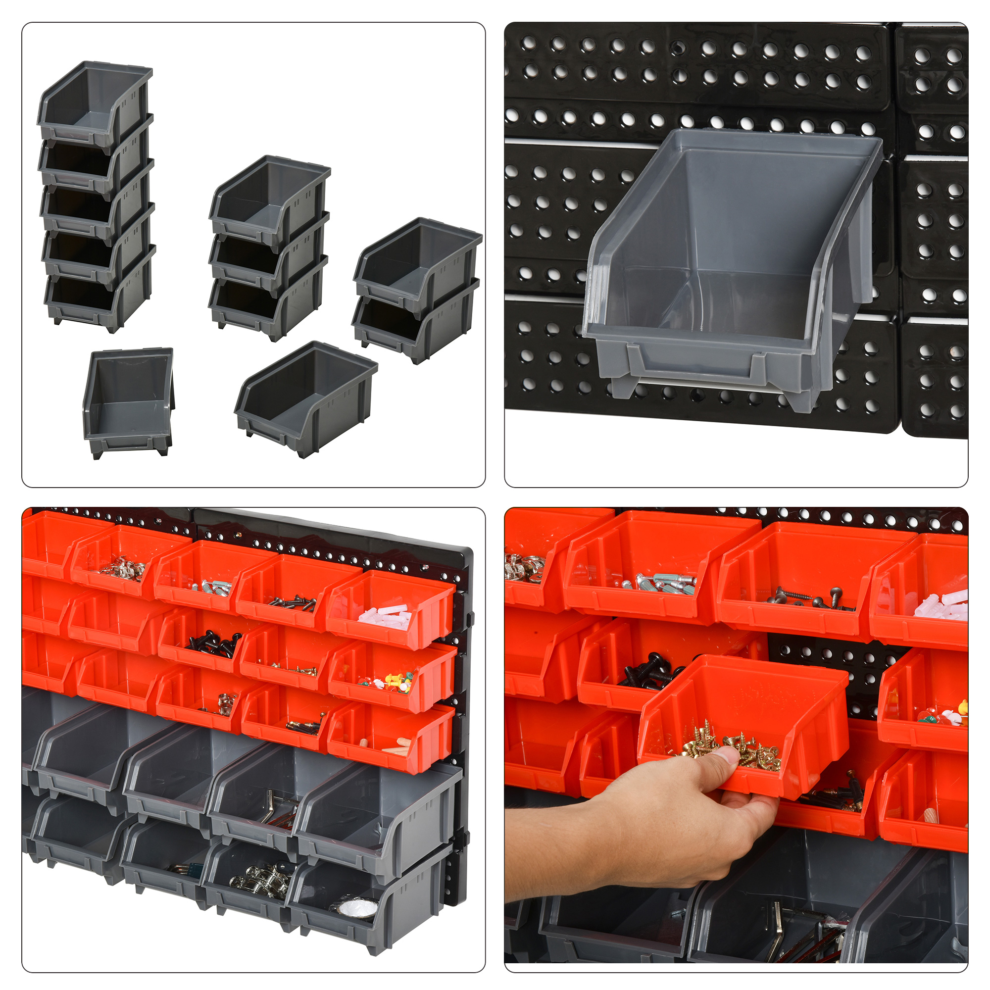 Cajas de almacenamiento de plástico gris y rojo montadas en panel, algunas con tornillos.