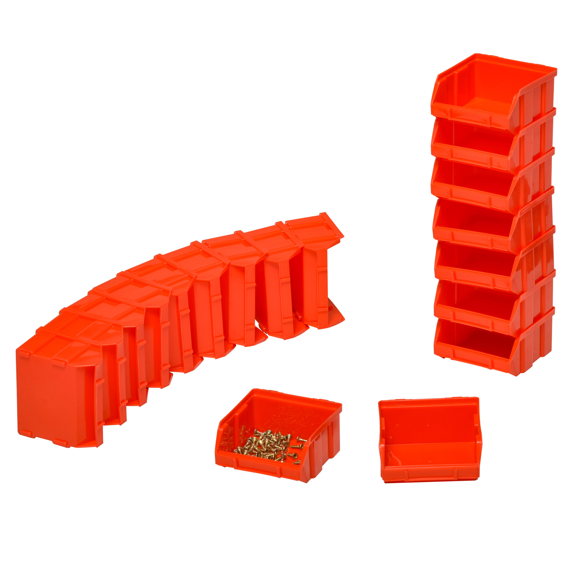 Contenedores de almacenamiento de plástico rojo apilables, una columna, una fila y dos cajas individuales con tornillos.