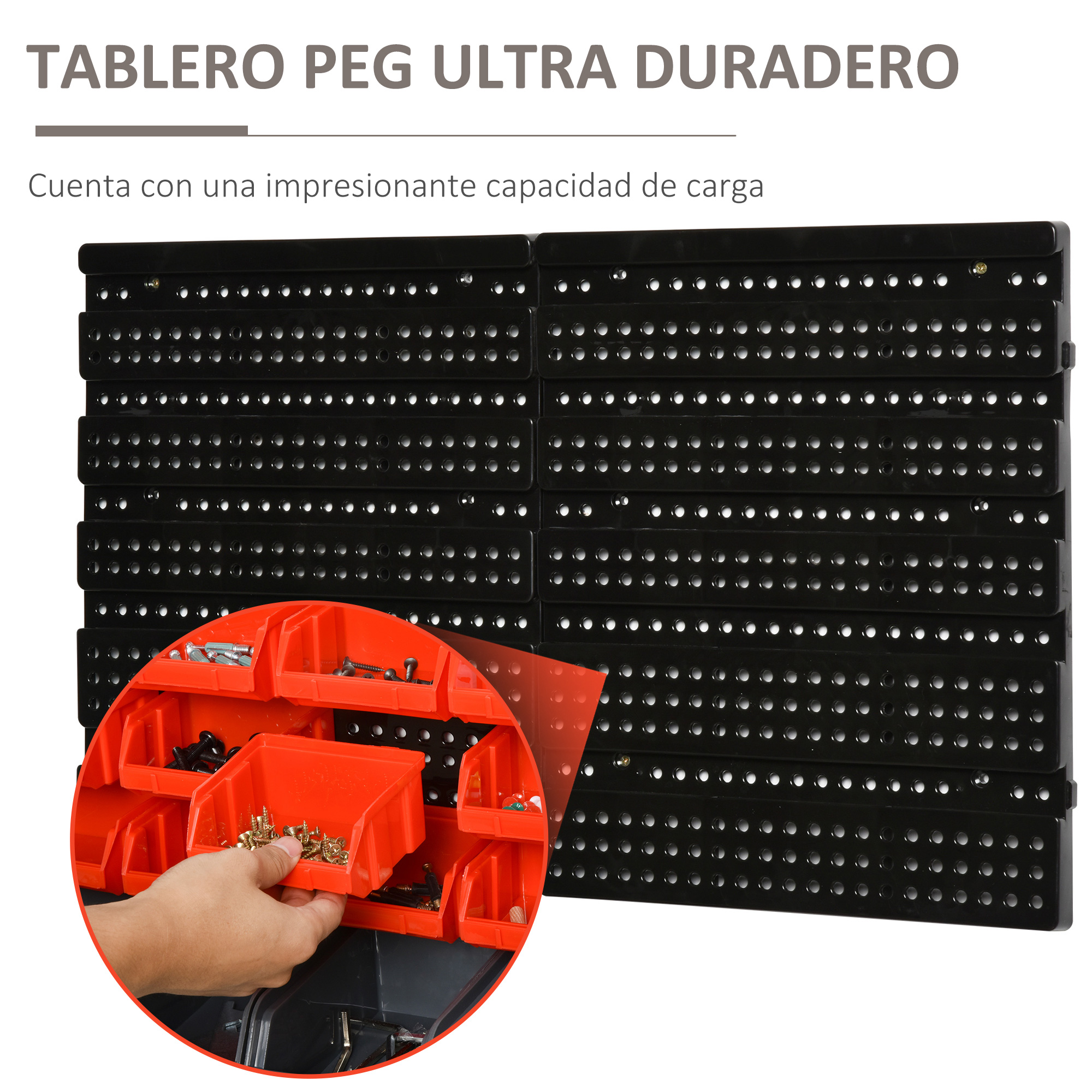 Tablero perforado negro con cajas de almacenamiento rojas con tornillos.