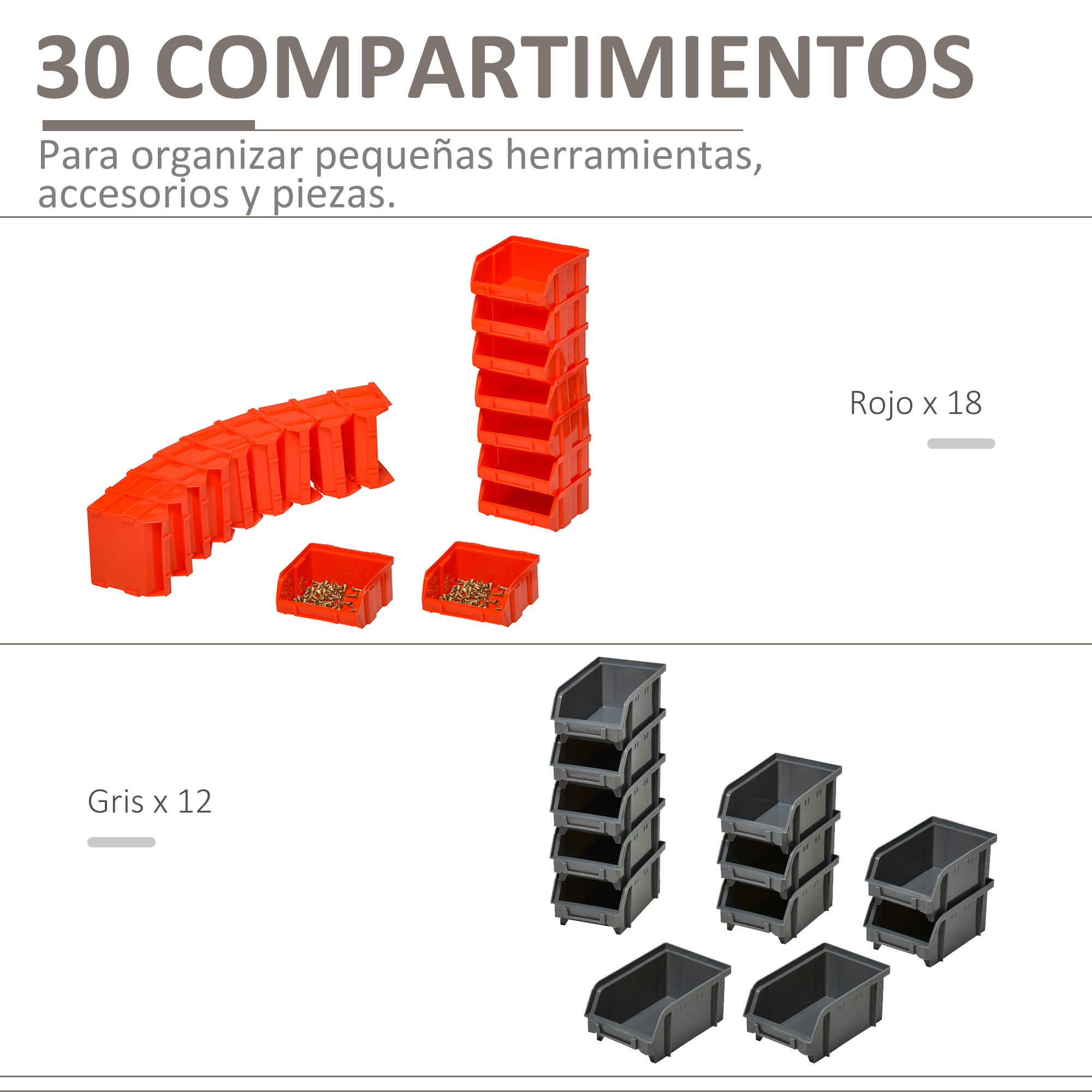Conjunto de 30 cajas de almacenamiento de plástico rojo y gris para piezas.