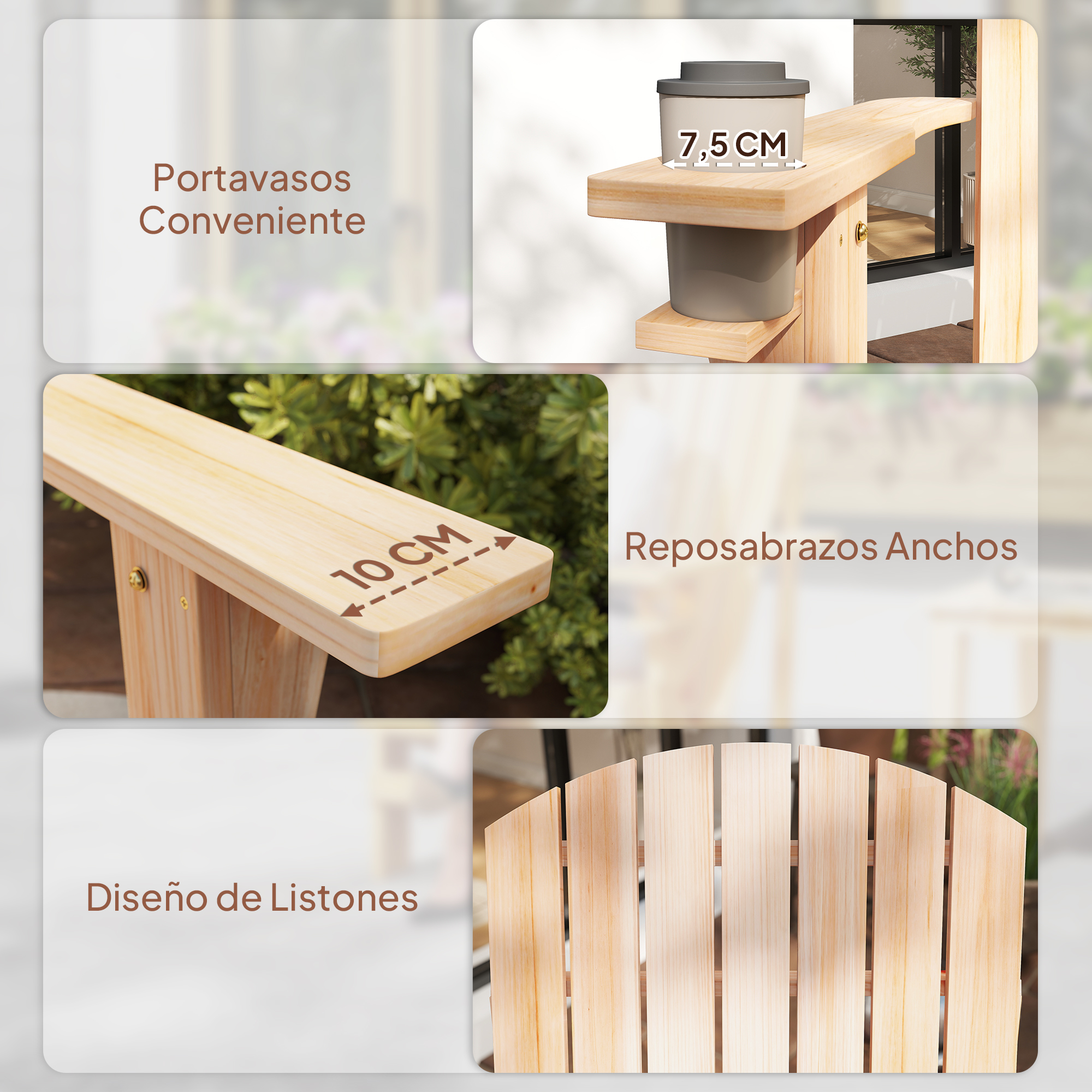 Detalles de muebles de madera con portavasos, reposabrazos de 10 cm y diseño de listones.