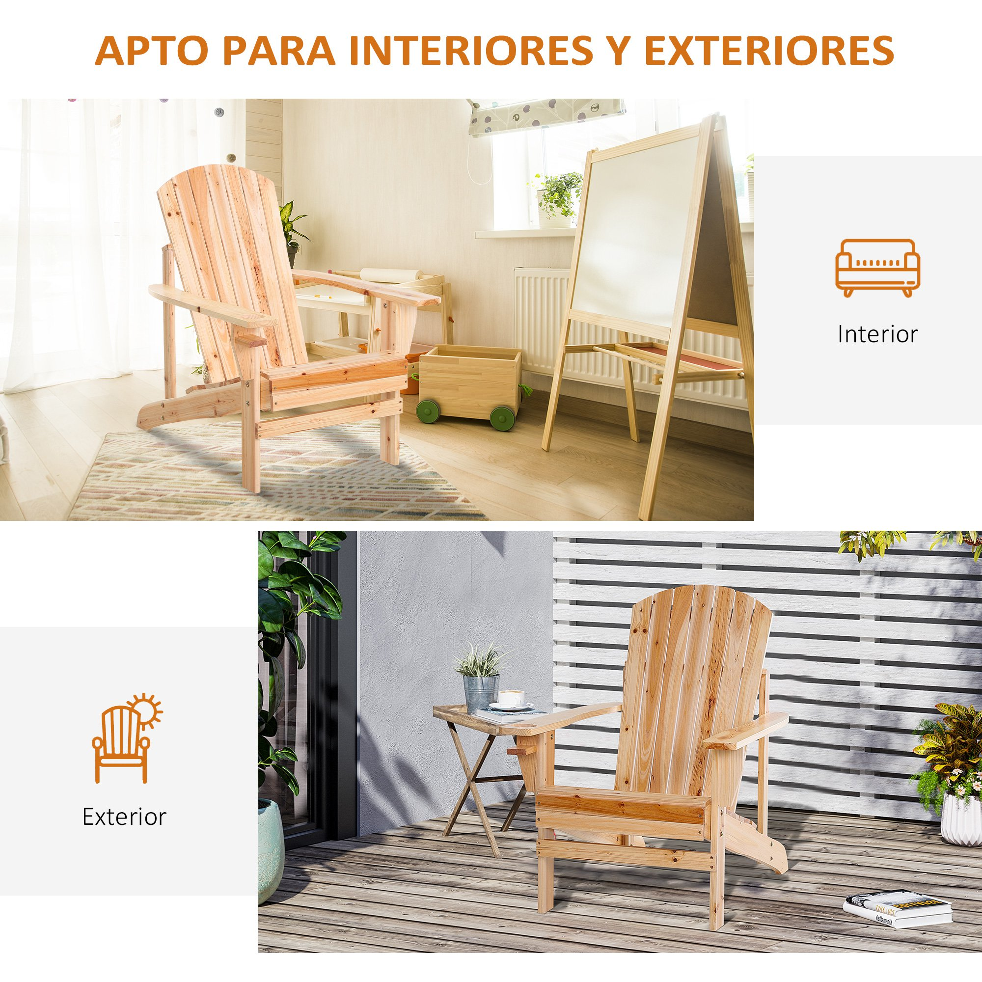 Una silla Adirondack de madera muestra su idoneidad para uso en interiores y exteriores.