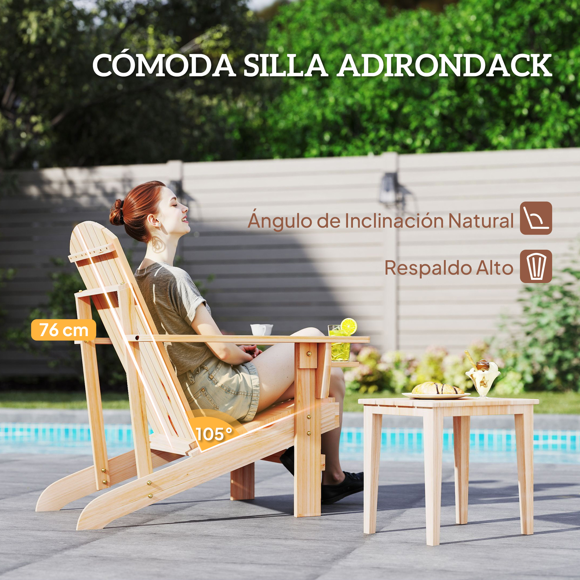 Una mujer se relaja en una silla de madera Adirondack junto a la piscina, con texto y mesa auxiliar.