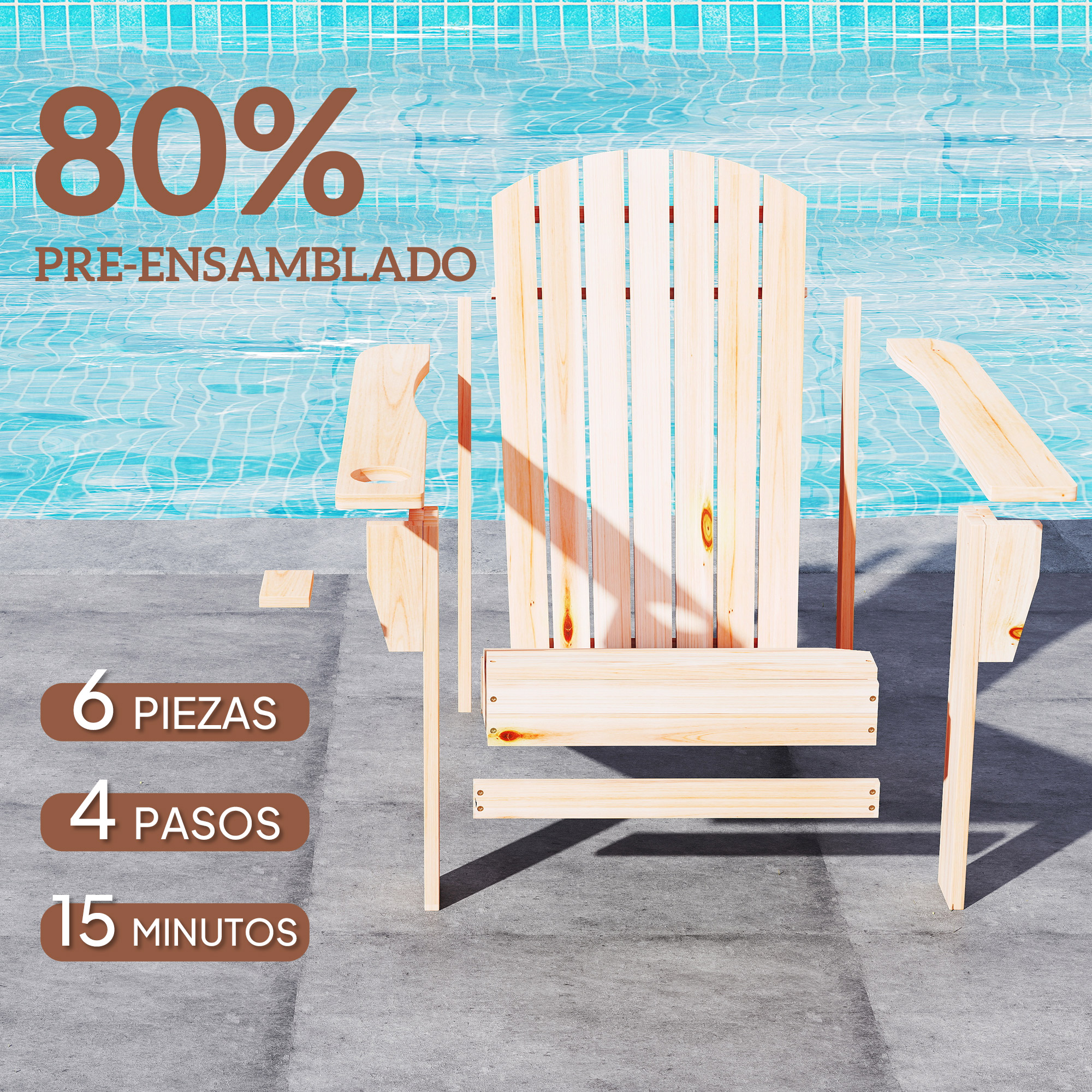Silla Adirondack de madera junto a la piscina con texto sobre pre-ensamblaje.