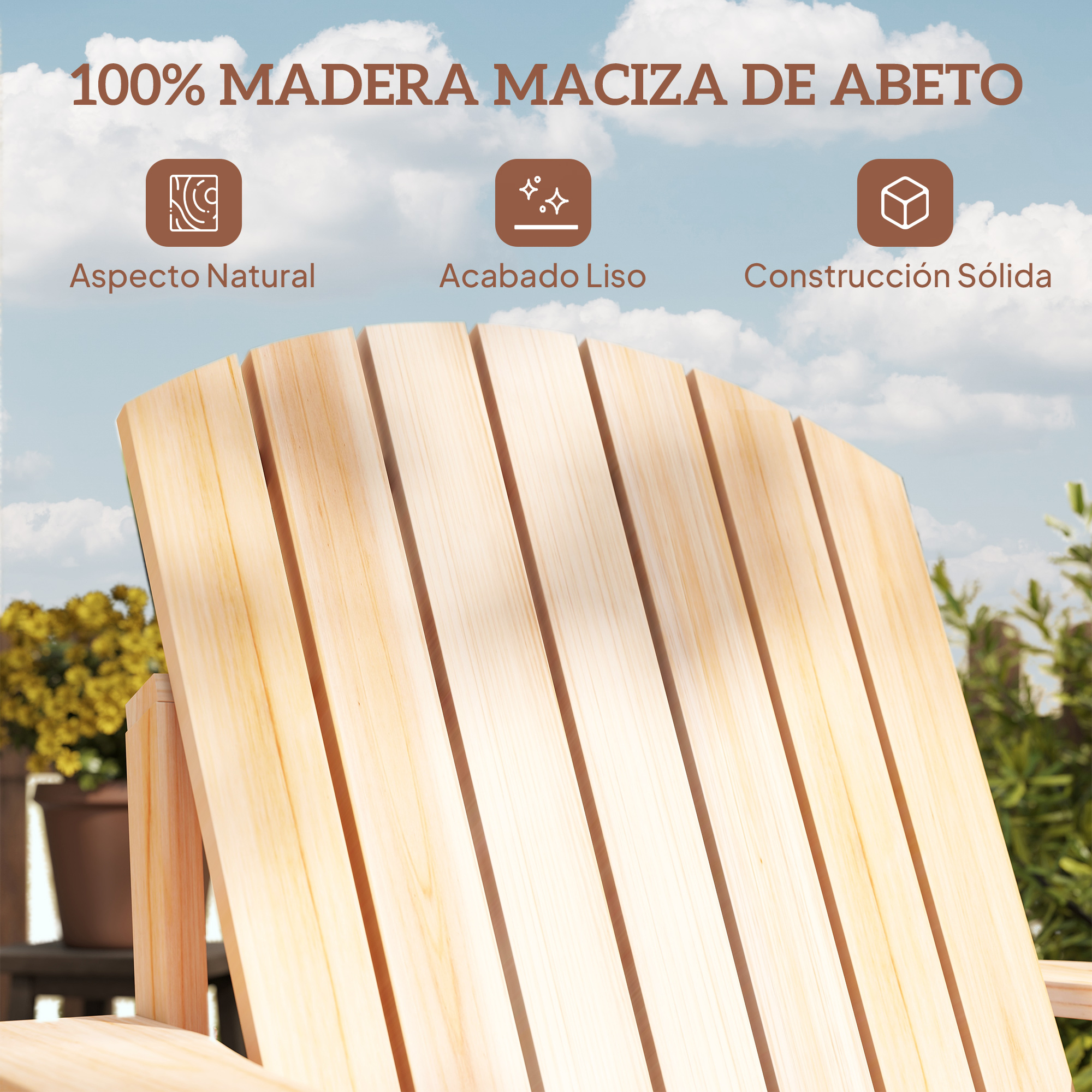 Respaldo de silla de madera con acabado natural, iconos de madera, acabado liso y construcción sólida.