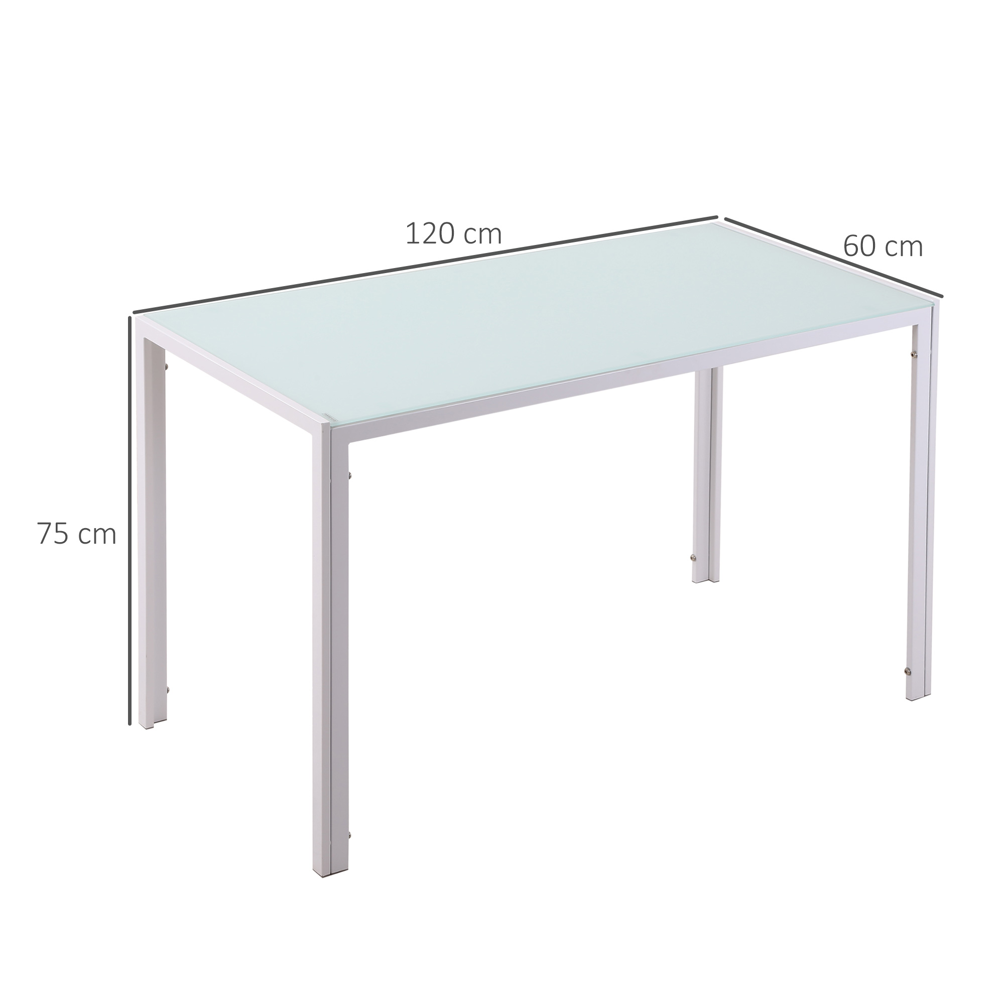Escritorio blanco con tapa de cristal y dimensiones: 120 cm de largo, 60 cm de ancho, 75 cm de alto.