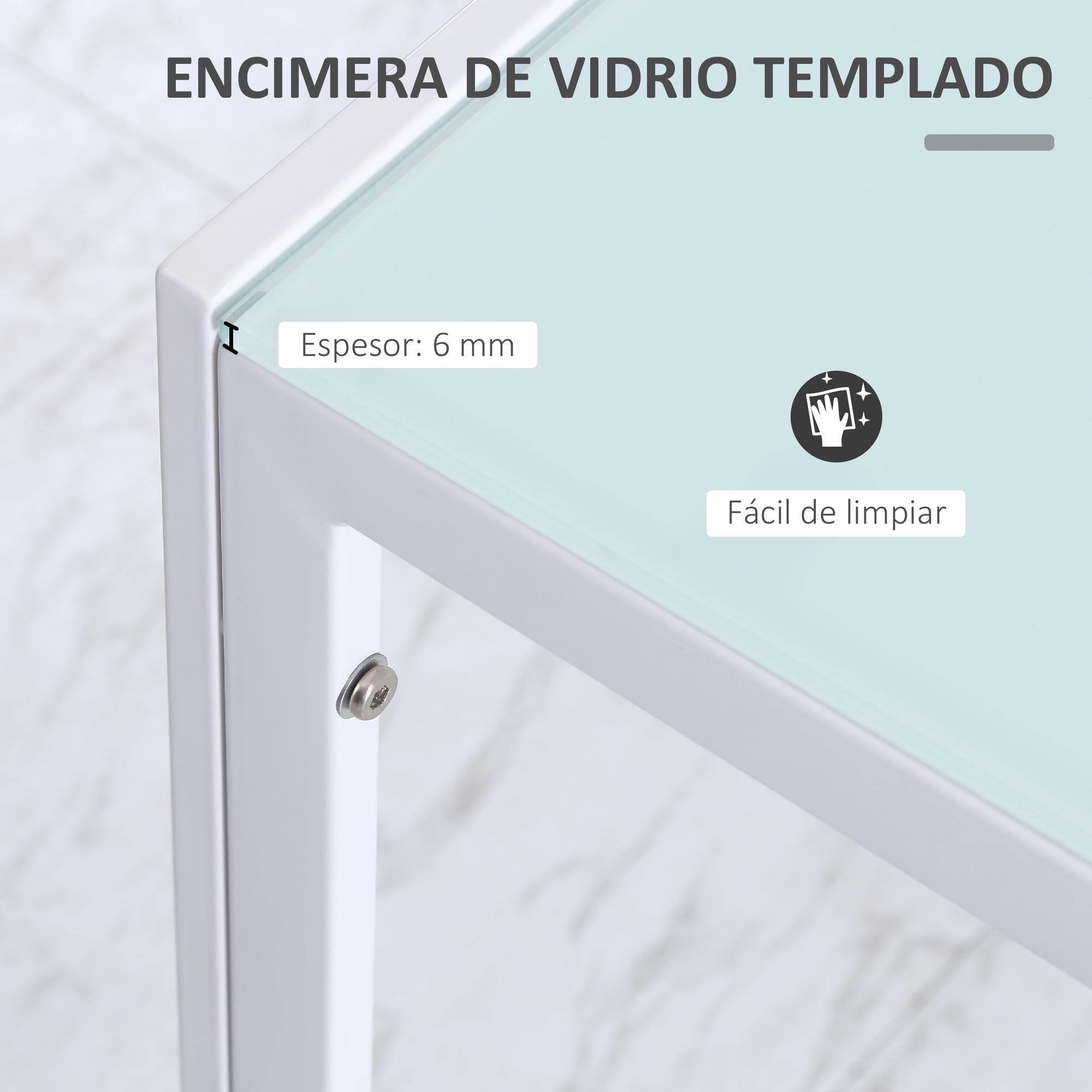 Encimera de vidrio templado de 6 mm de espesor con icono de fácil limpieza.