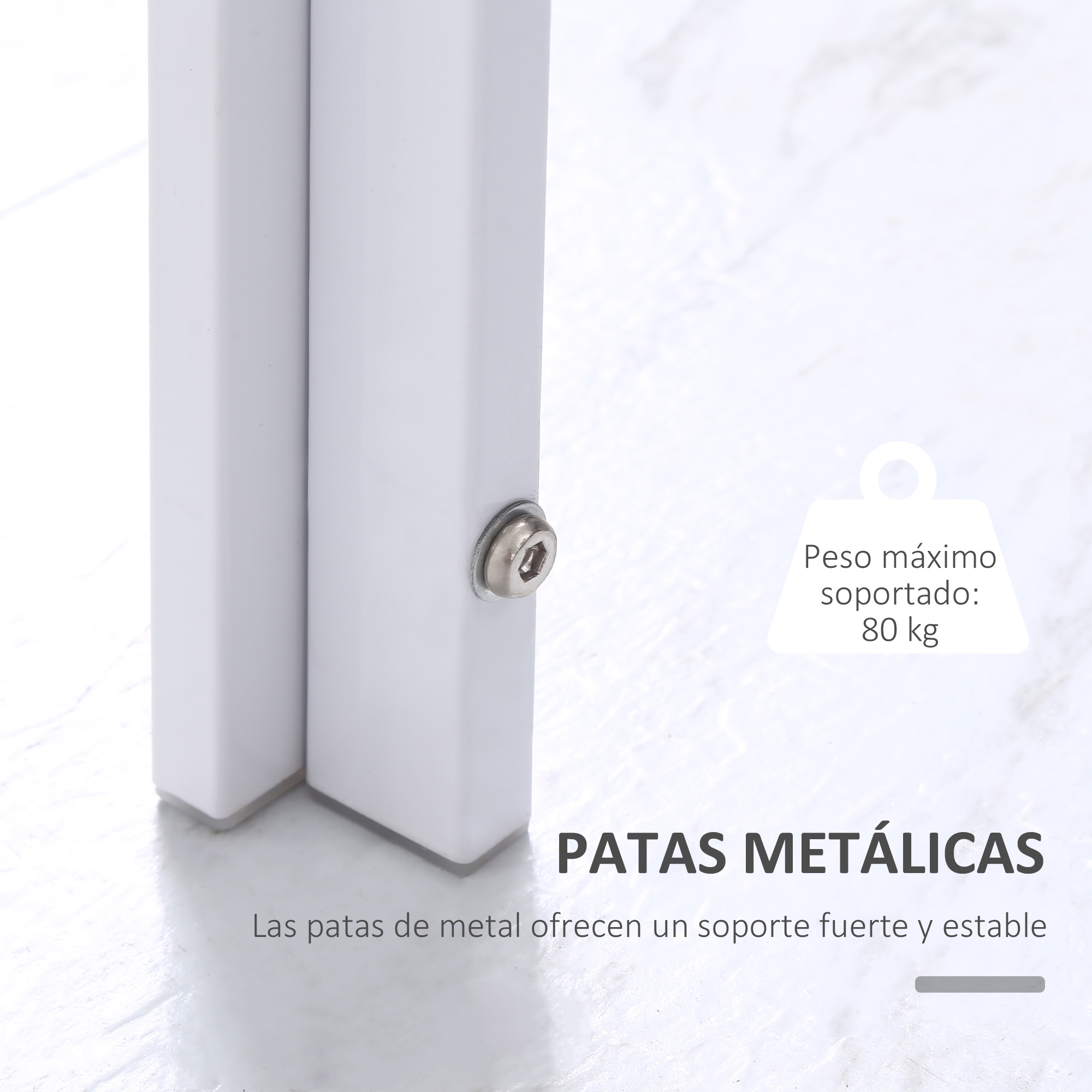 Dos patas de metal blancas con un tornillo sobre fondo blanco, texto sobre carga máx.