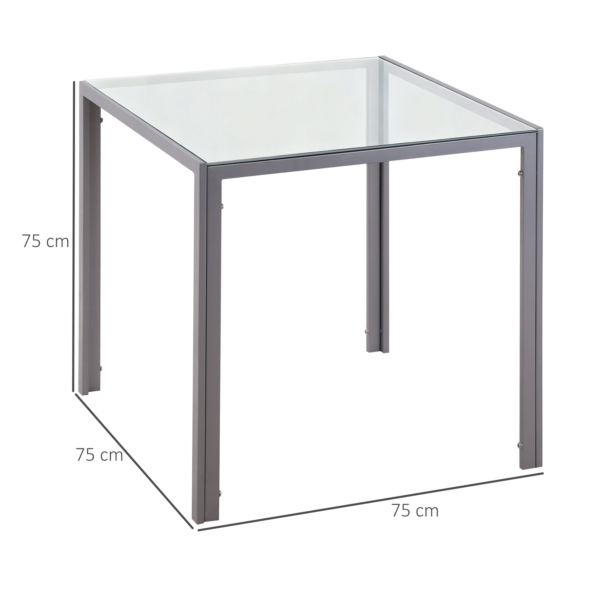 Mesa cuadrada con patas de metal gris y tapa de cristal, de 75x75x75 cm.