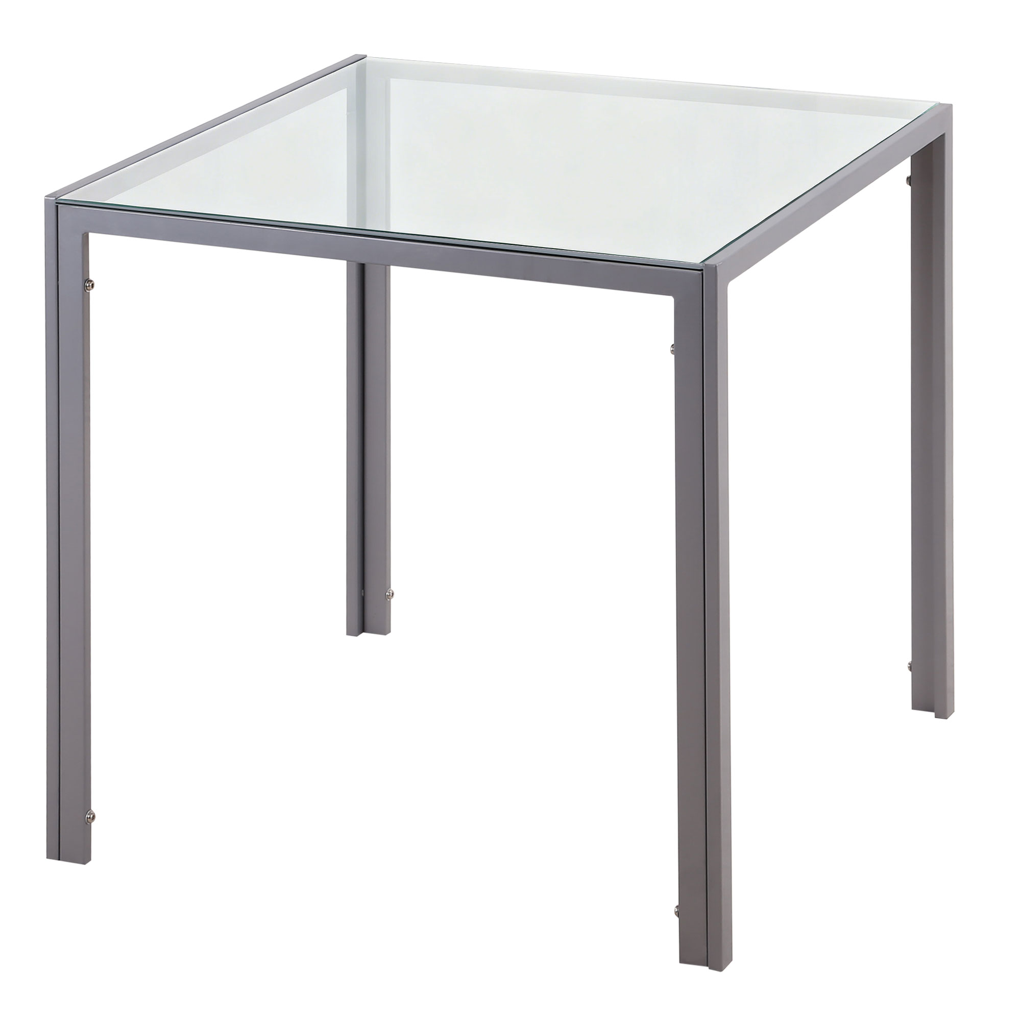 Mesa cuadrada moderna con patas de metal gris y tapa de cristal transparente sobre fondo blanco.
