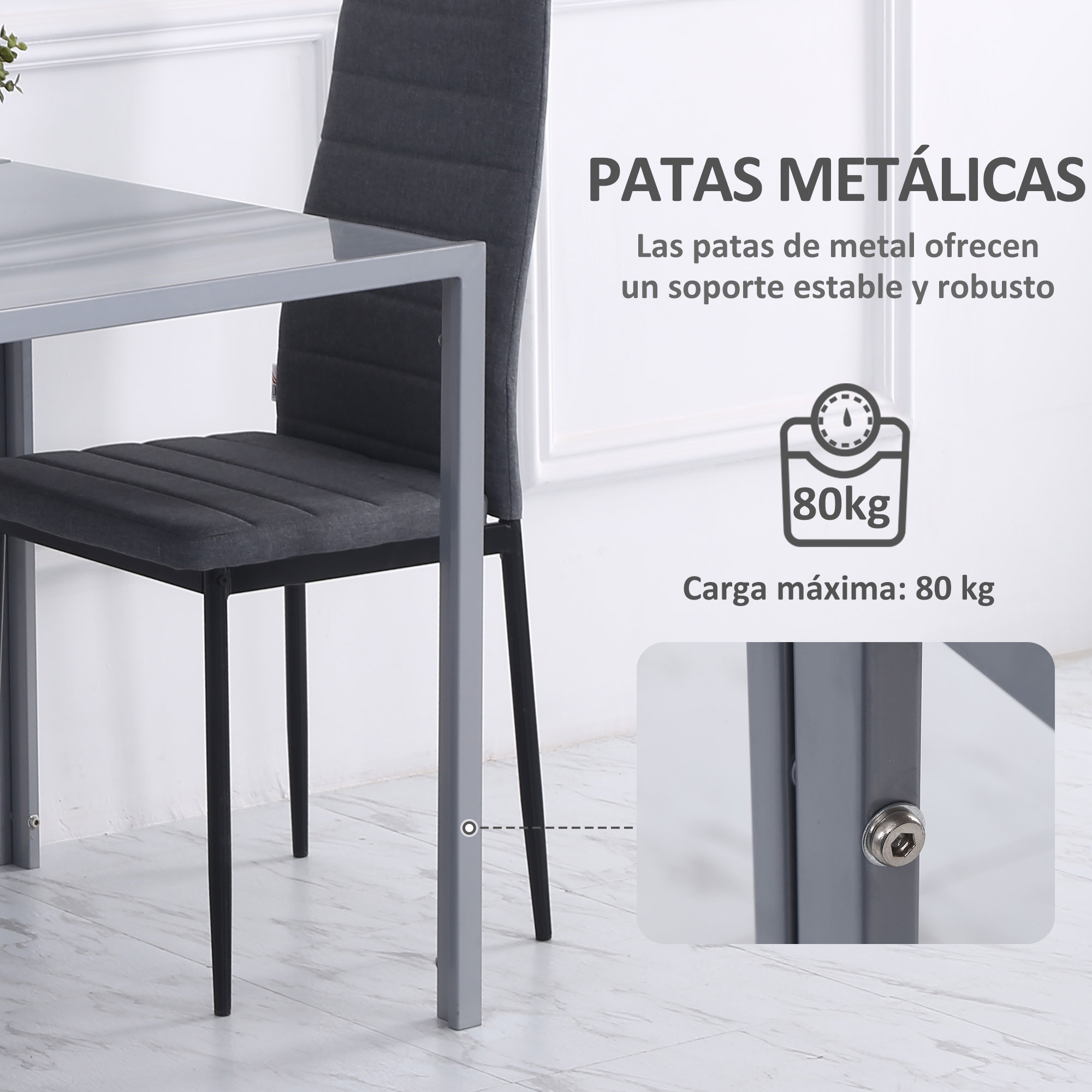 Silla con tapizado gris y patas de metal, texto: Patas metálicas y carga máxima 80 kg.