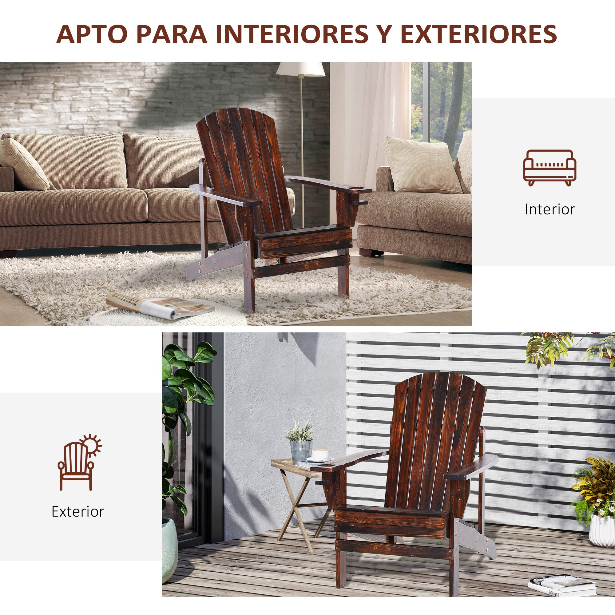 Silla de madera oscura para interior y exterior, mostrada en sala y balcón.