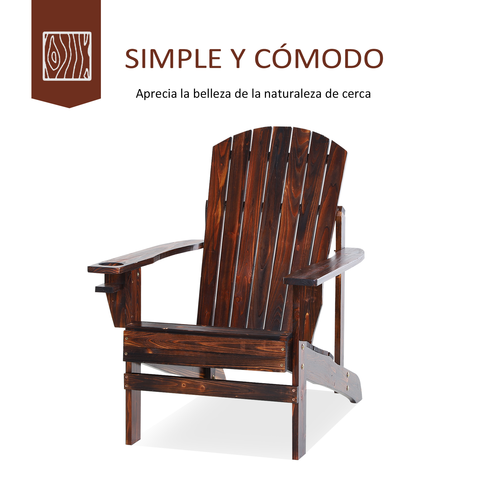 Una silla de jardín de madera marrón con respaldo alto sobre fondo blanco y texto en español.