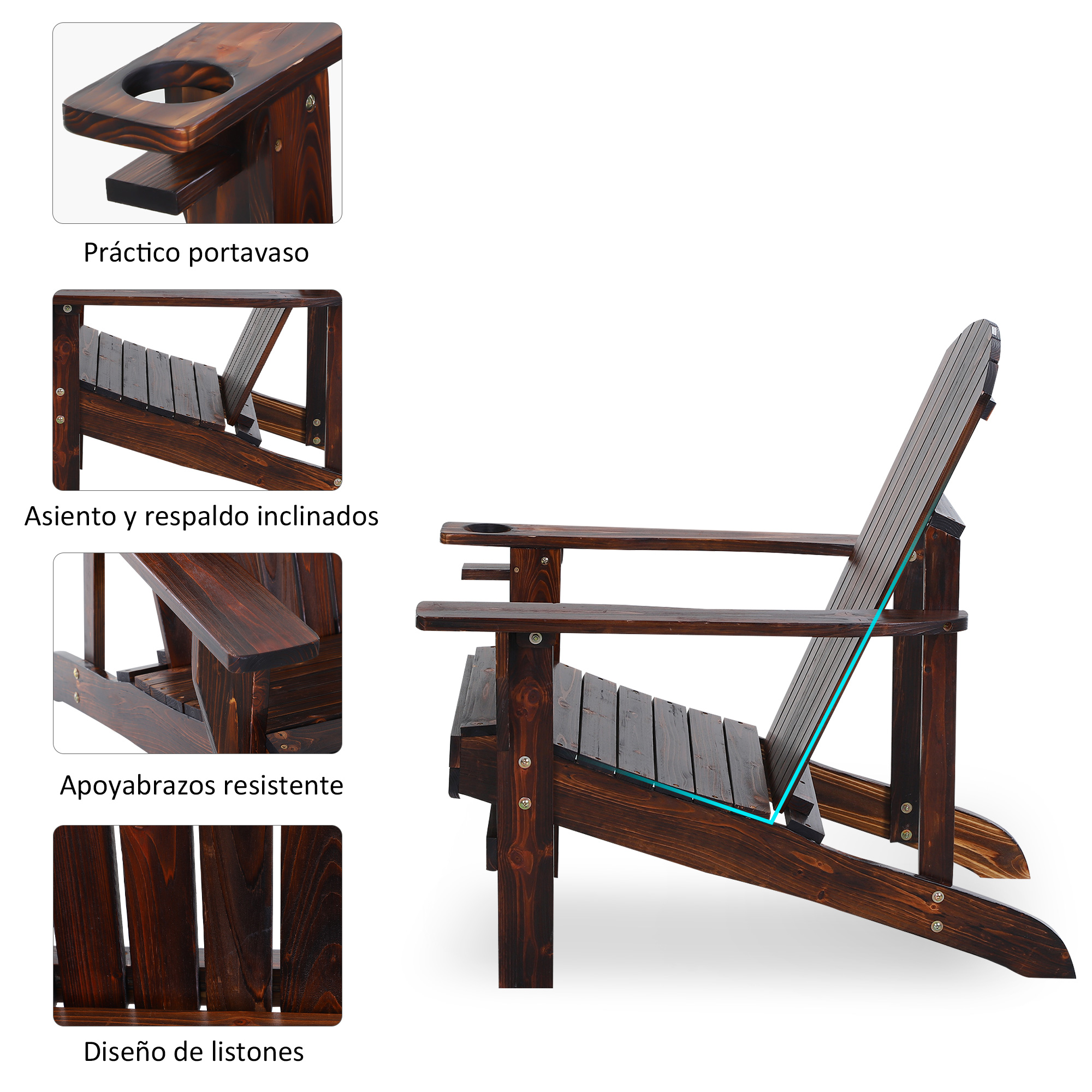 Silla de jardín de madera marrón con posavasos y cuatro imágenes de detalle.