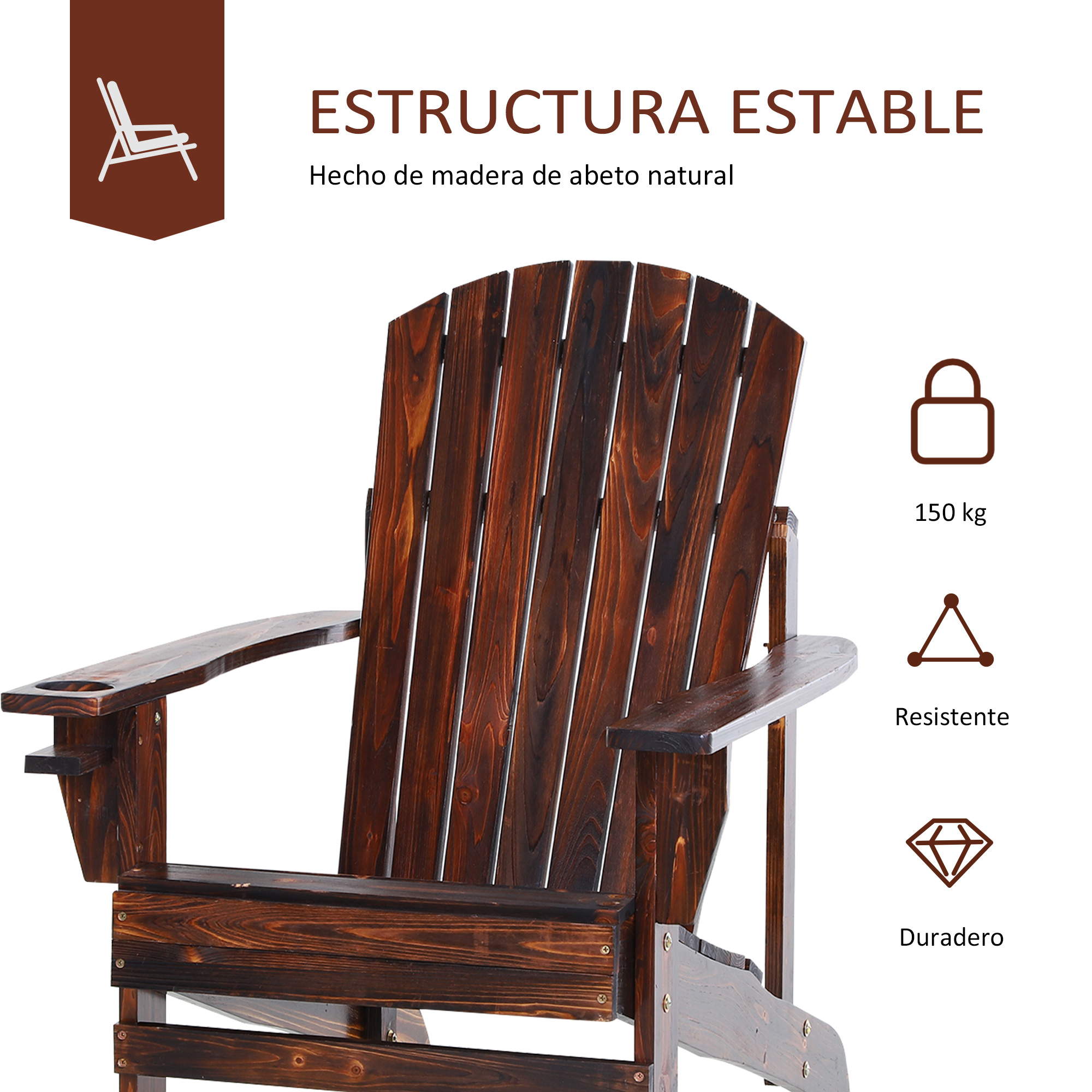 Silla Adirondack de madera marrón oscura con reposabrazos anchos, portavasos y texto descriptivo con iconos.