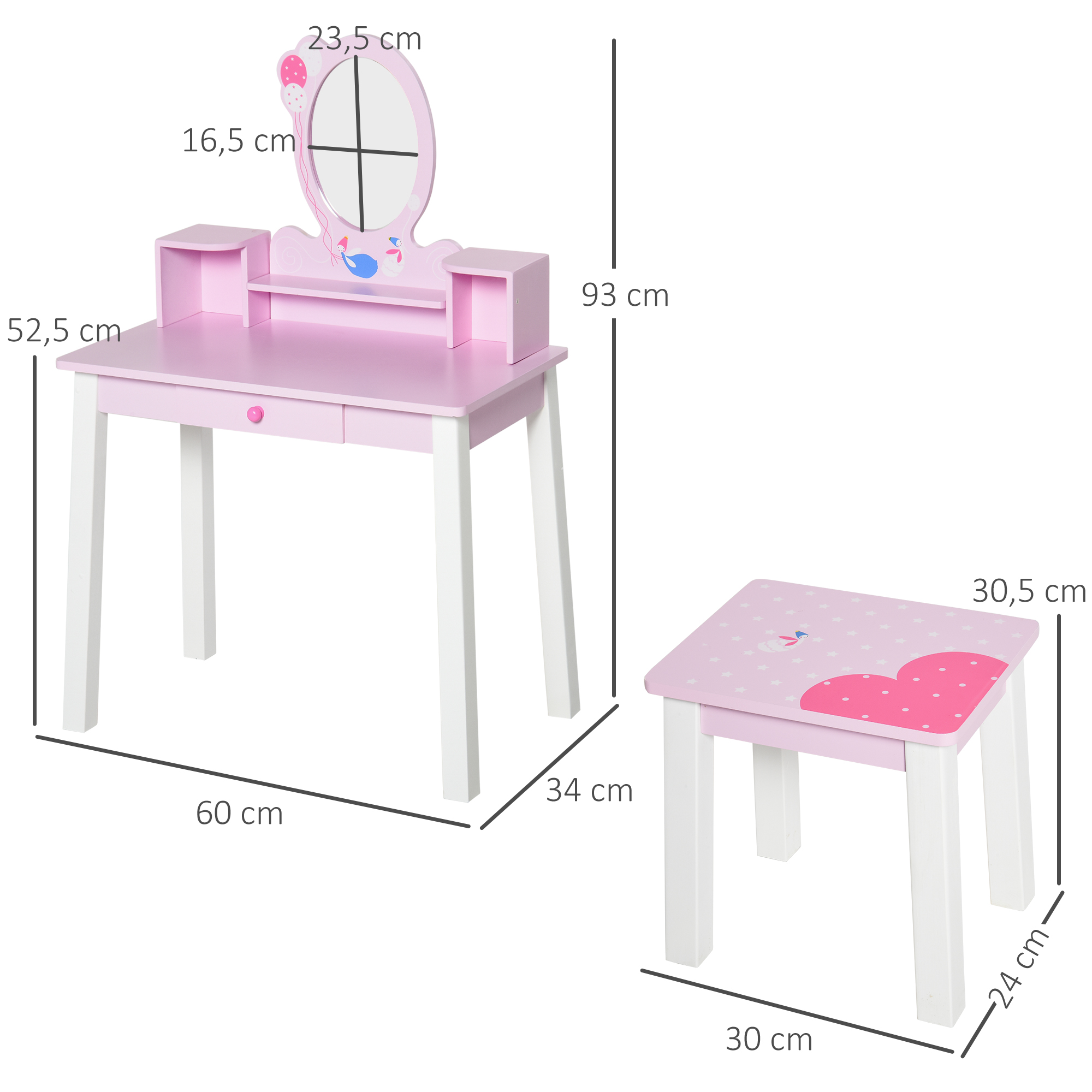Tocador infantil rosa y blanco con taburete y dimensiones.