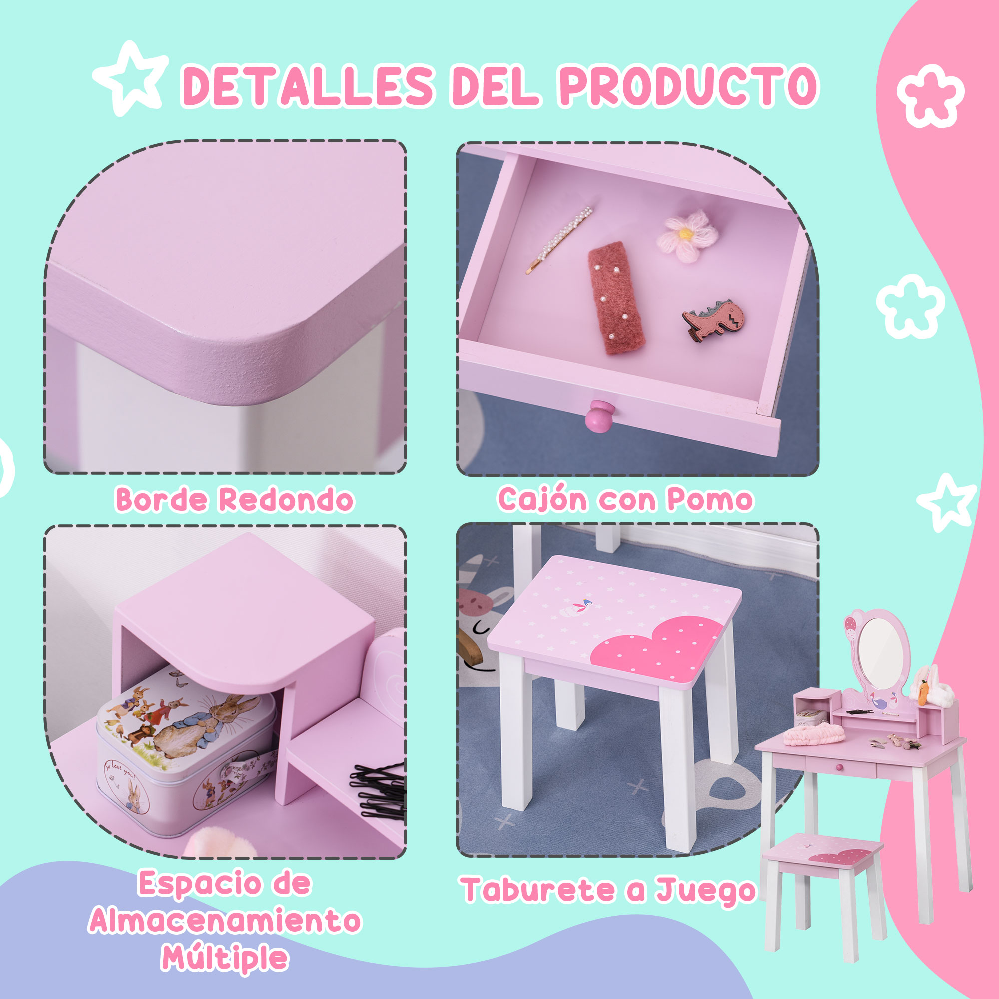 Detalles de un tocador infantil rosa con bordes redondeados, cajón, espacio de almacenamiento y taburete a juego.