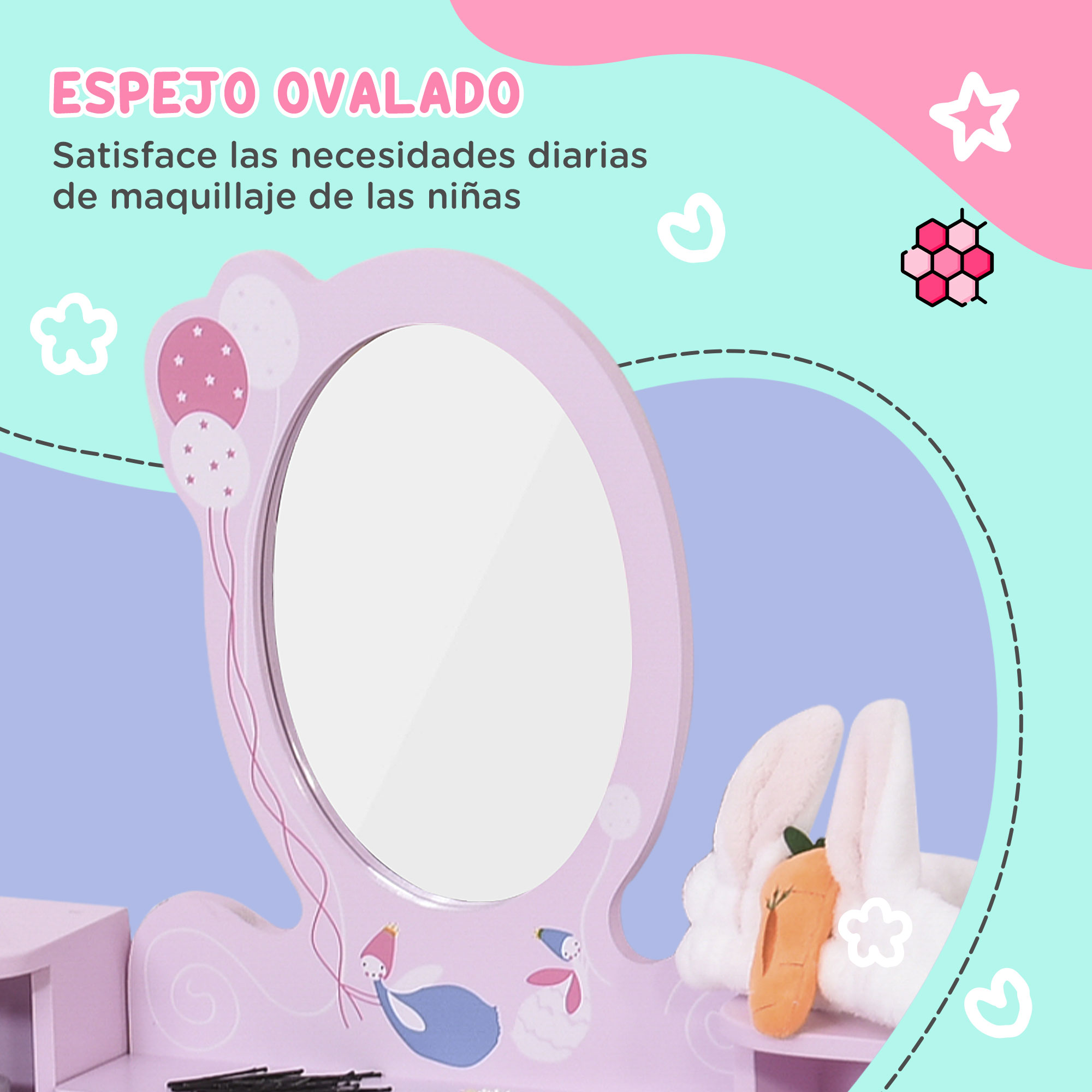 Un tocador infantil rosa con espejo ovalado, decoración de globos y diadema de orejas de conejo.