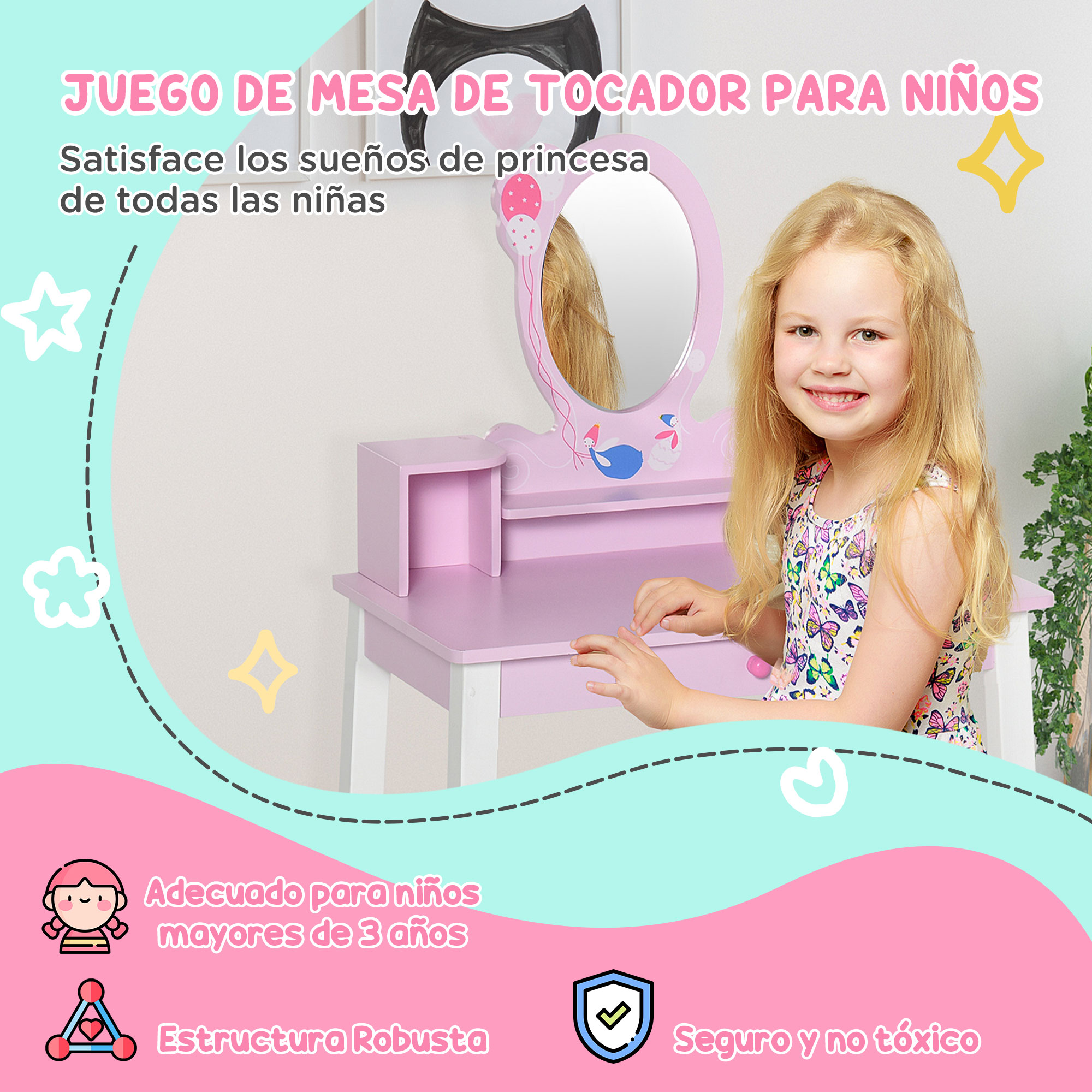 Una niña rubia sentada frente a un pequeño tocador rosa.
