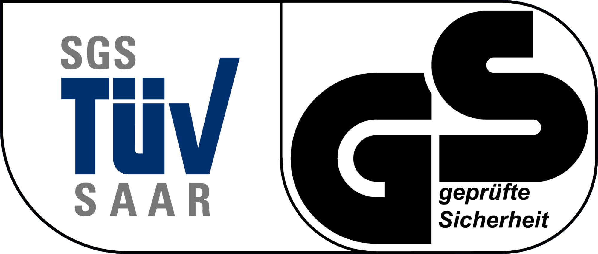 SGS TÜV Saar und GS geprüfte Sicherheit Logos nebeneinander.