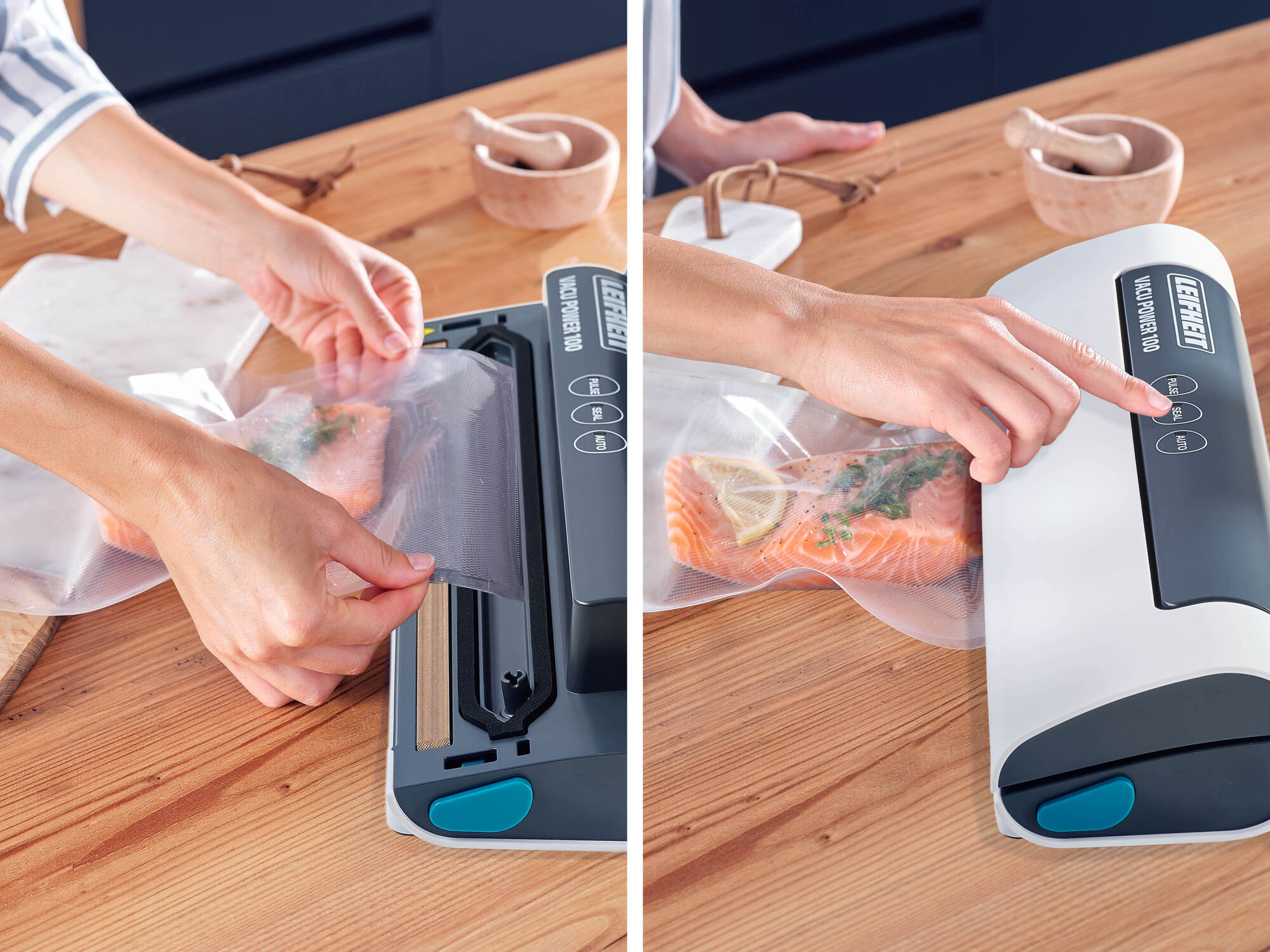 Una persona usa una macchina sottovuoto Leifheit su un piano in legno per sigillare del salmone.
