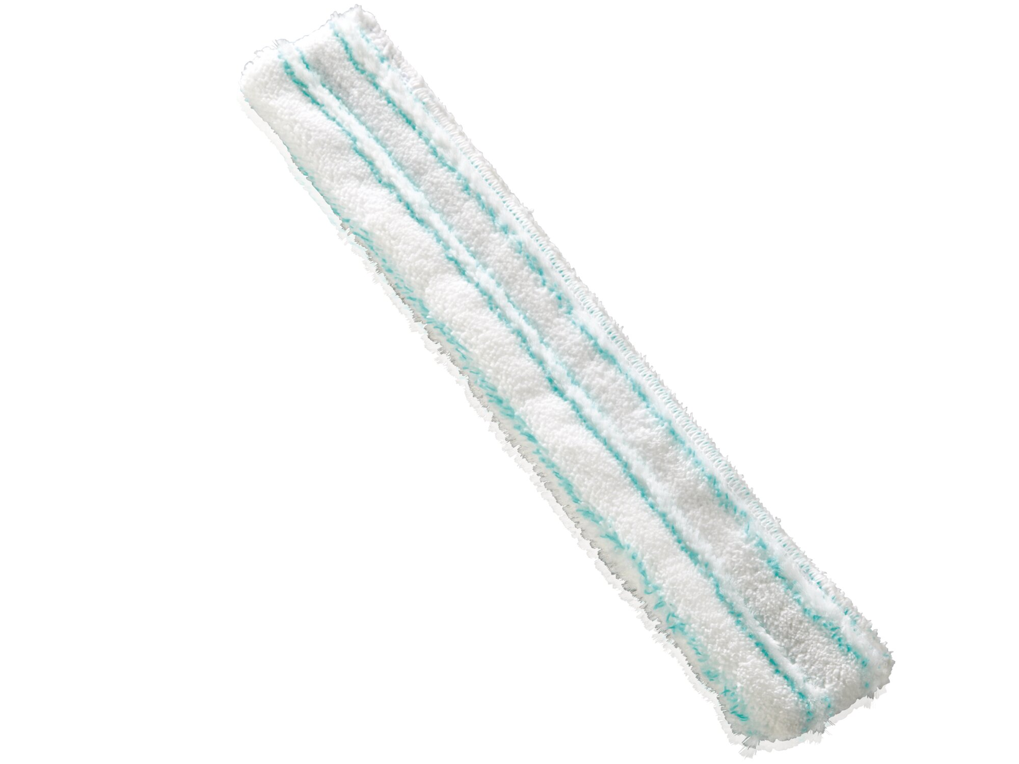 Copertura per mocio bianca e allungata con due sottili strisce blu su sfondo bianco.