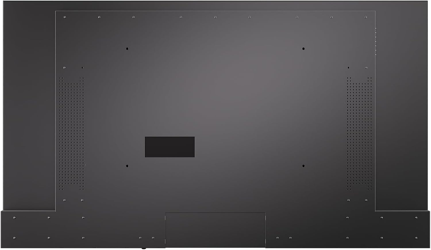 Vista trasera de un televisor negro plano con orificios de montaje y rejillas de ventilación en los lados.
