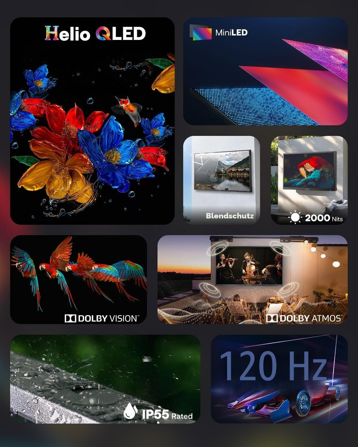 Anuncio de pantalla tecnológica con colores vivos, MiniLED, Dolby Vision, Dolby Atmos y certificación IP55.