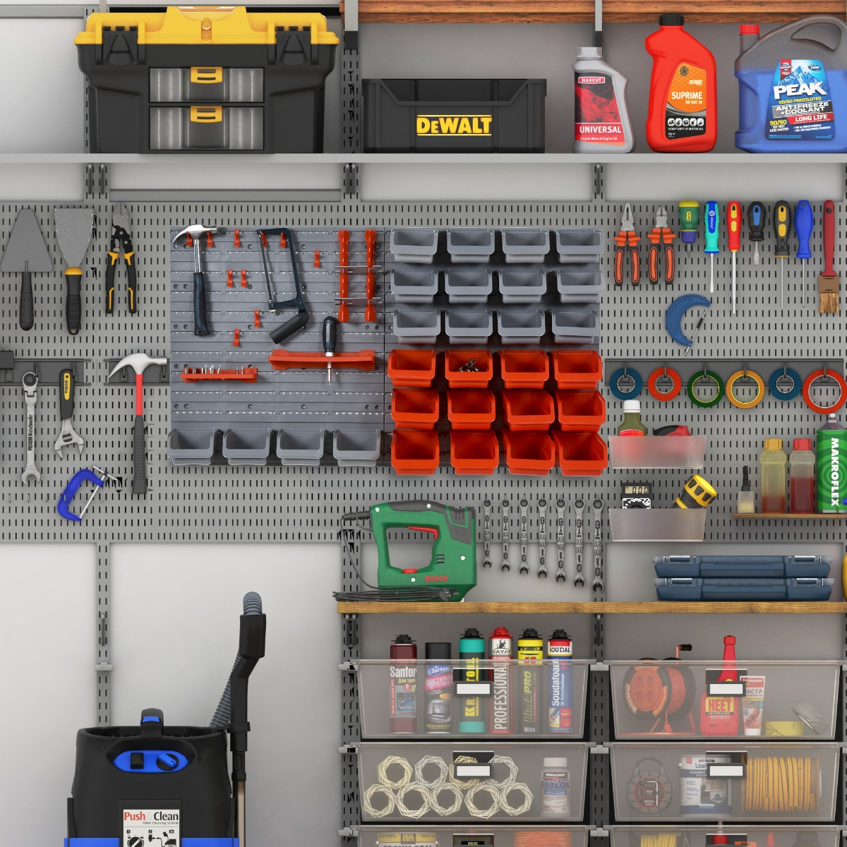 Una pared de garaje bien organizada con paneles perforados, herramientas, cajas, botellas y contenedores.