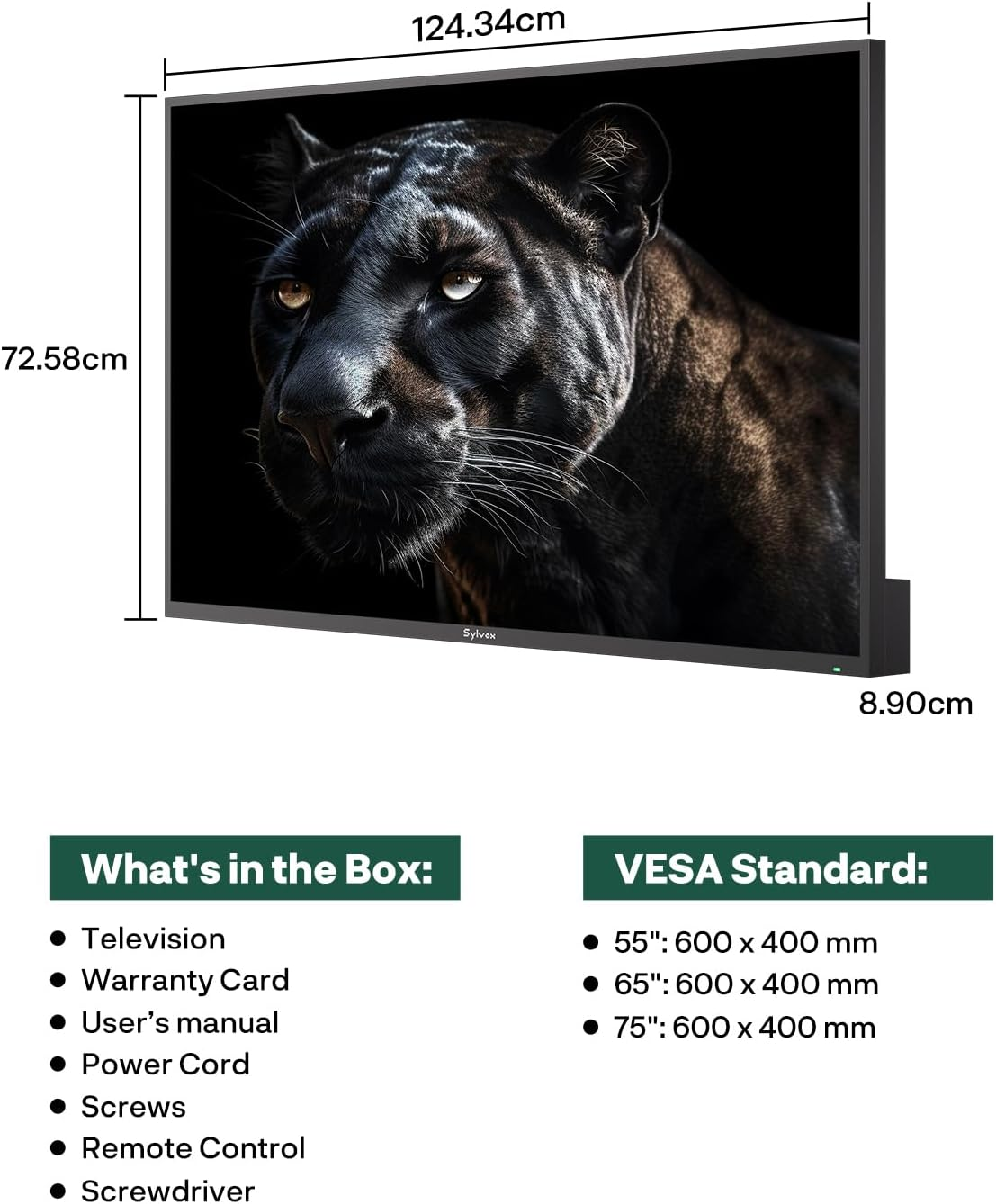 Fernseher mit schwarzem Panther auf dem Bildschirm, Maßangaben sowie Inhalts- und VESA-Angaben.