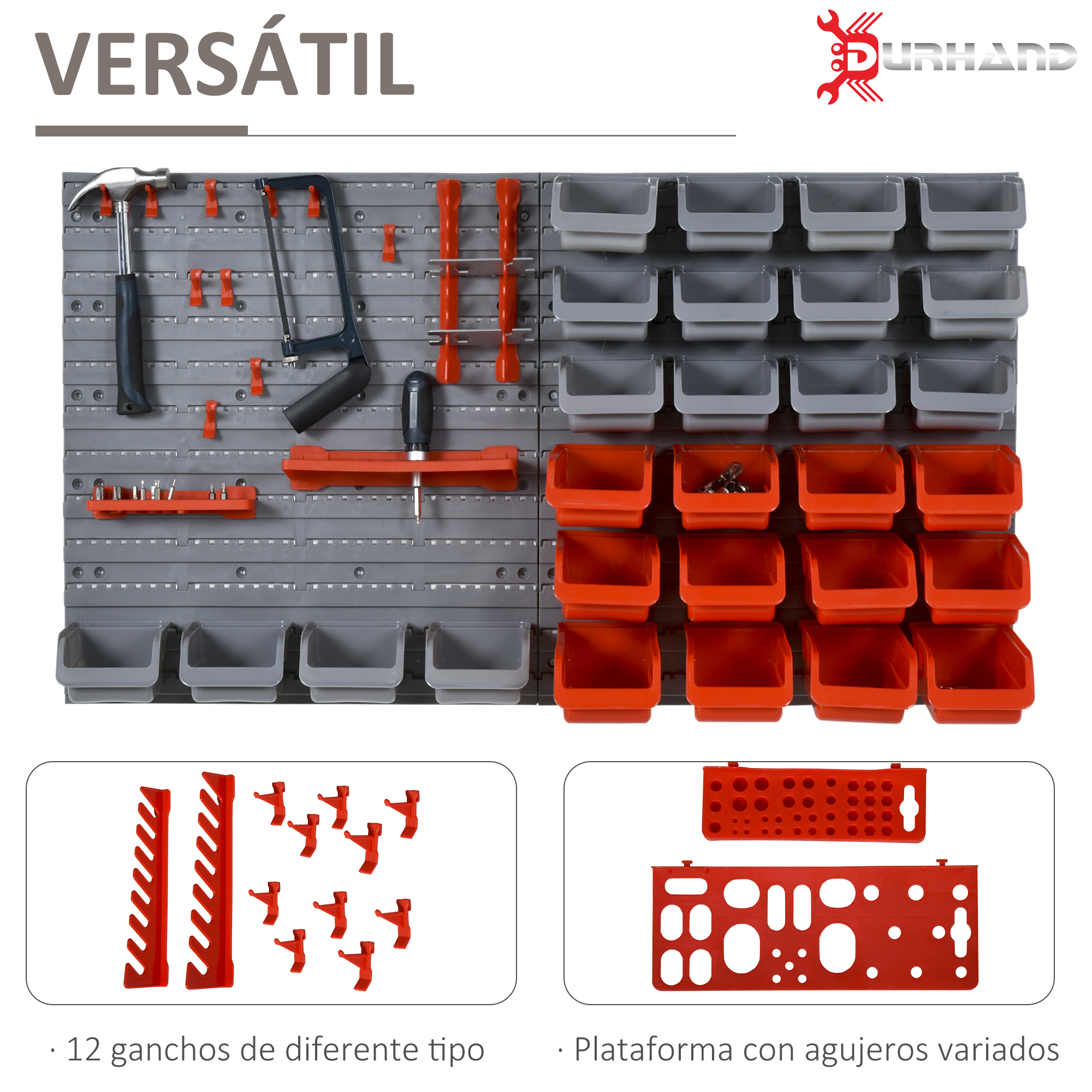 Panel portaherramientas gris con cajas naranjas y grises, herramientas variadas y ganchos.