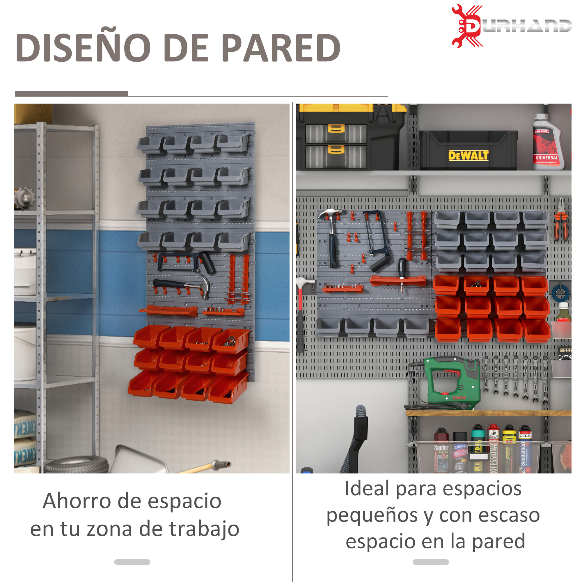 Dos paredes portaherramientas con paneles grises, cajas grises y naranjas, y varias herramientas en un garaje.