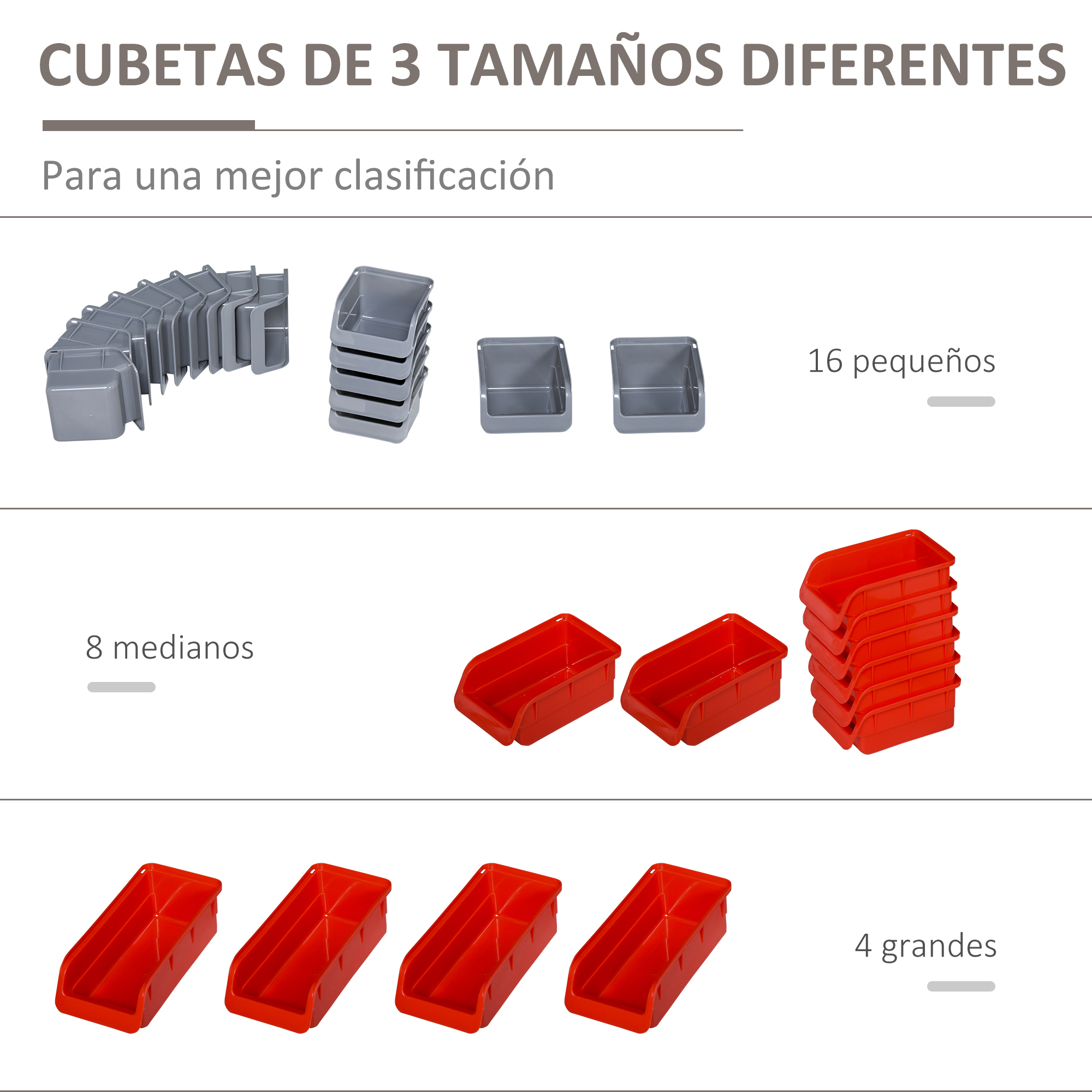 Tres tamaños diferentes de cubetas grises y rojas mostradas para una mejor clasificación.