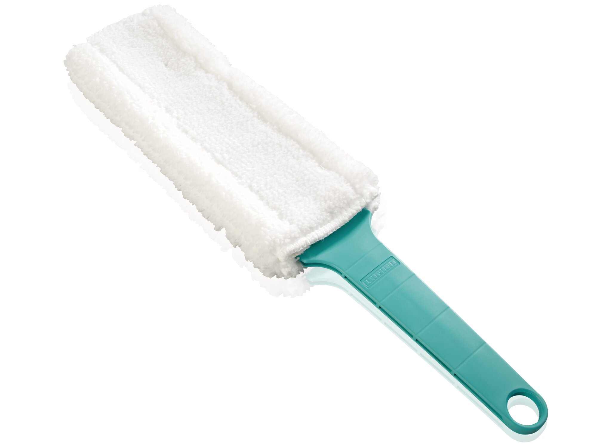 Un plumero blanco con mango de plástico azul sobre fondo blanco.