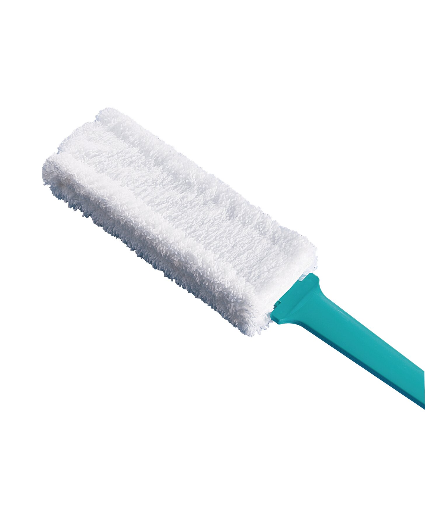 Un plumero de microfibra blanco con mango turquesa sobre fondo blanco.