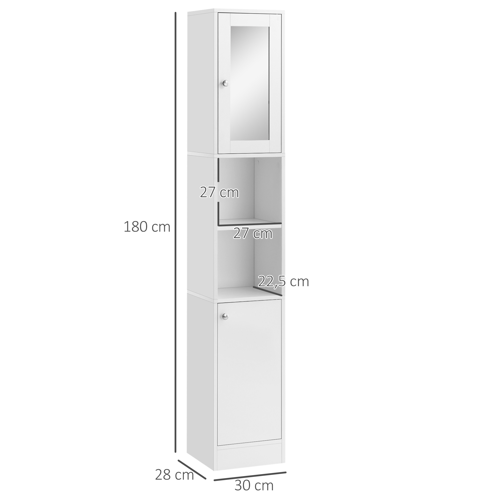 Un armario de baño alto y blanco con puerta de espejo y estantes abiertos, dimensiones indicadas.