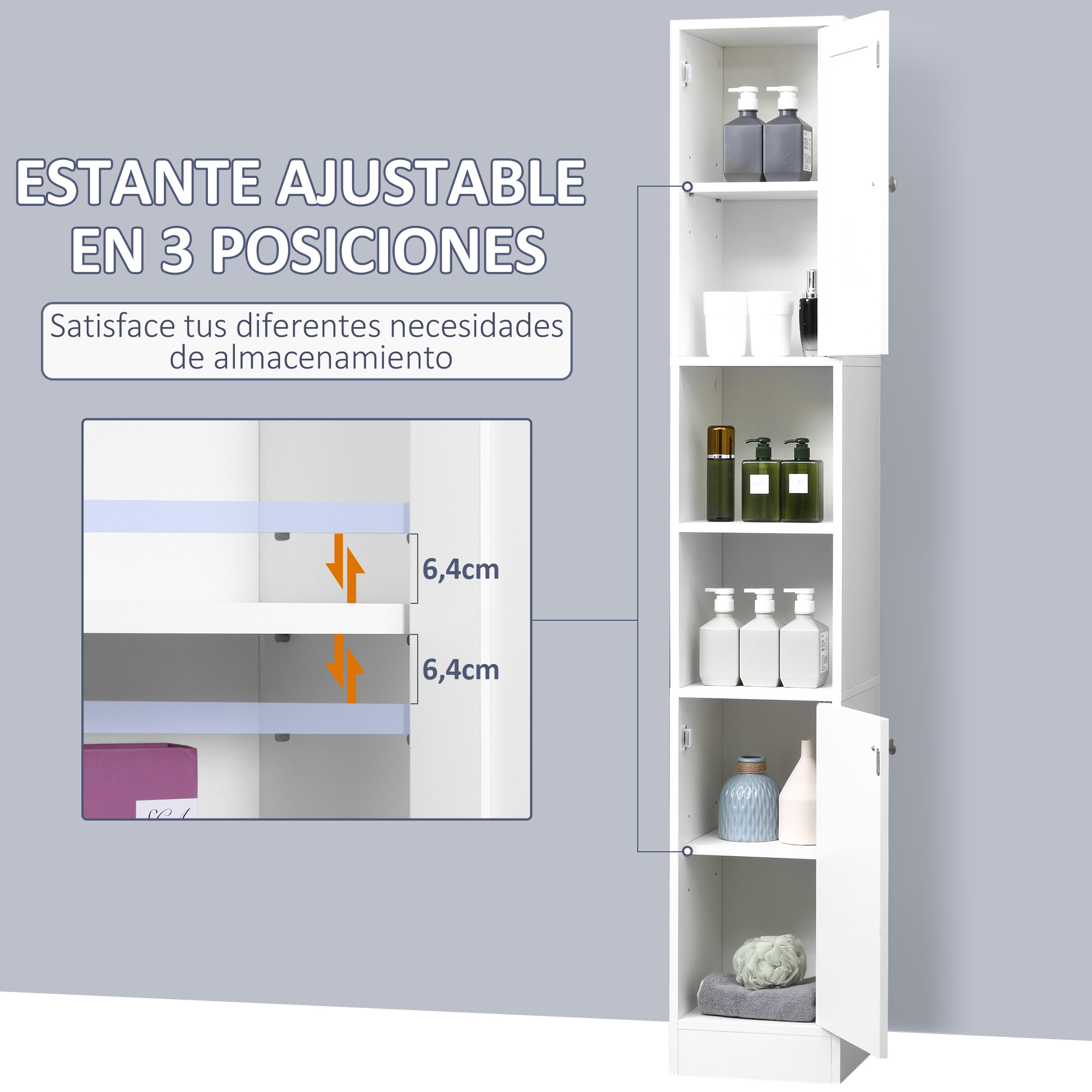 Un armario de baño blanco con estantes ajustables, lleno de artículos de aseo y una vista ampliada de detalles.
